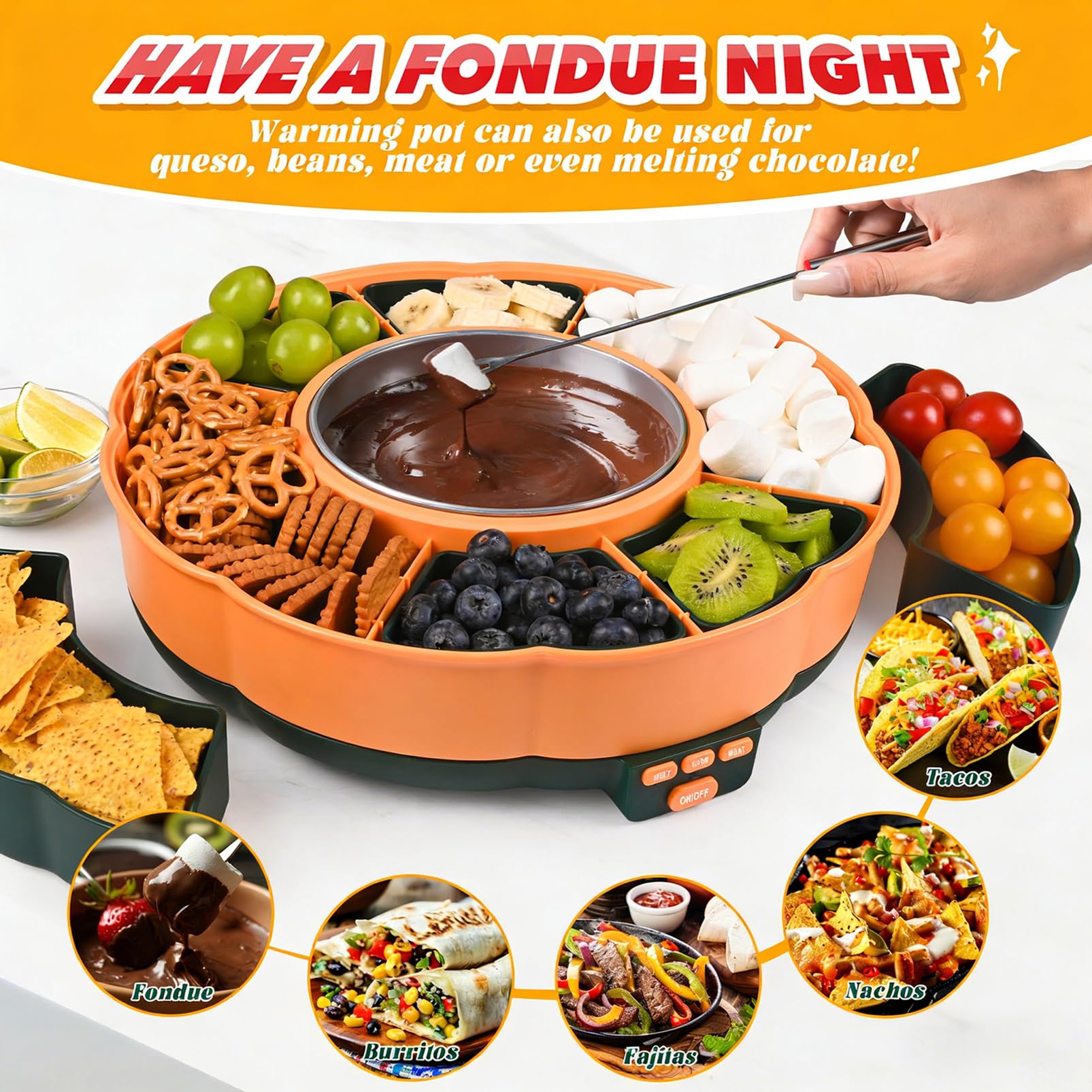Zestaw Serwisowy Lazy Susan Taco Bar, Obracany 360° Zestaw Taco Tuesday Z 6 Wyjmowanymi Tacami & 4 Uchwytami Na Taco, Podgrzewany Garnek Z 3 Poziomami Temperatury Do Tacos, Nachos, Burritos, S’mores