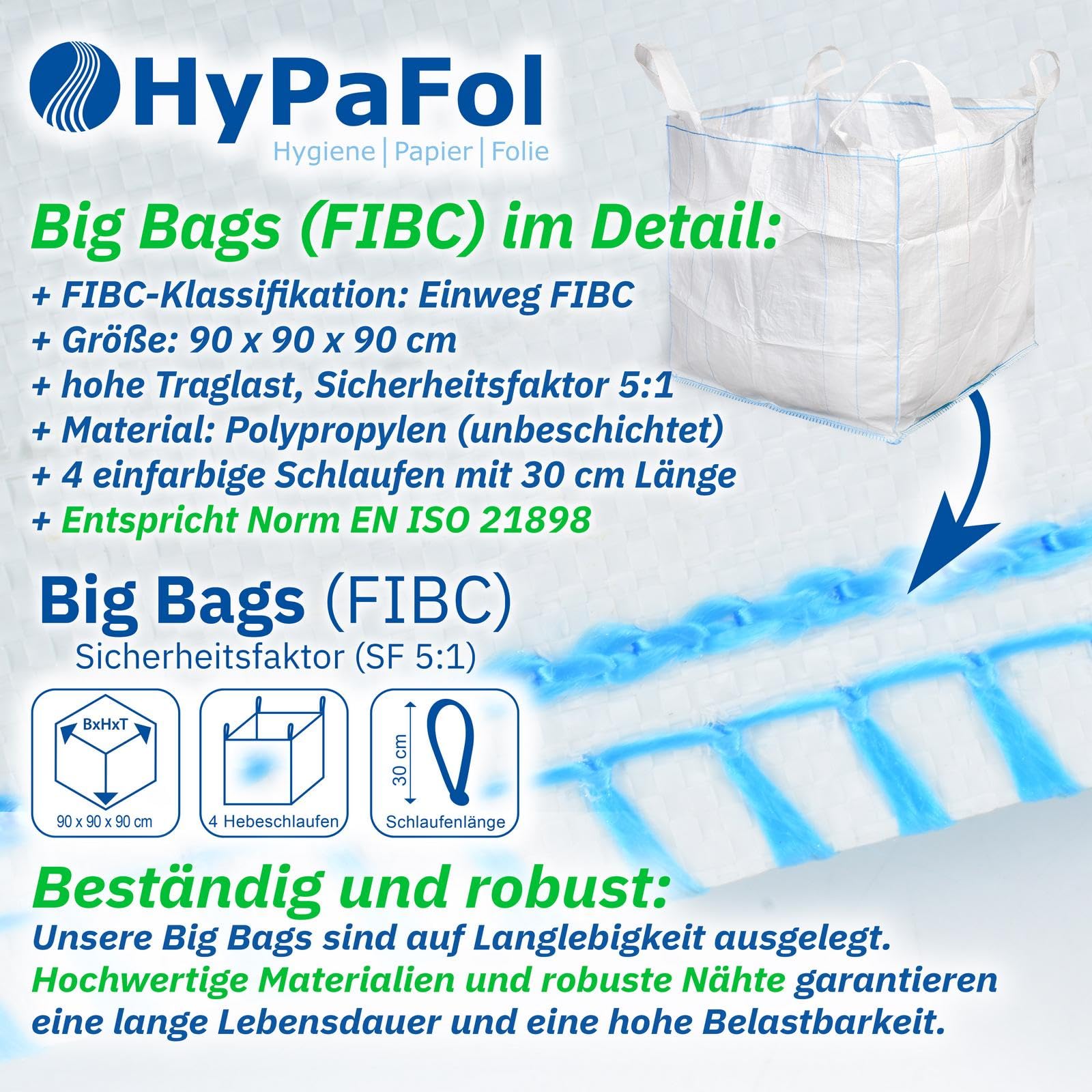 HypafolPP Big Bag 5er Pack I 90x90x90 cm Schwerlastsäcke mit 1000 kg Traglast I Big Pack Gartenabfallsack stabil mit 4 Schlaufen für sichere Transporte I Holz, Bauschutt, Gartenabfall