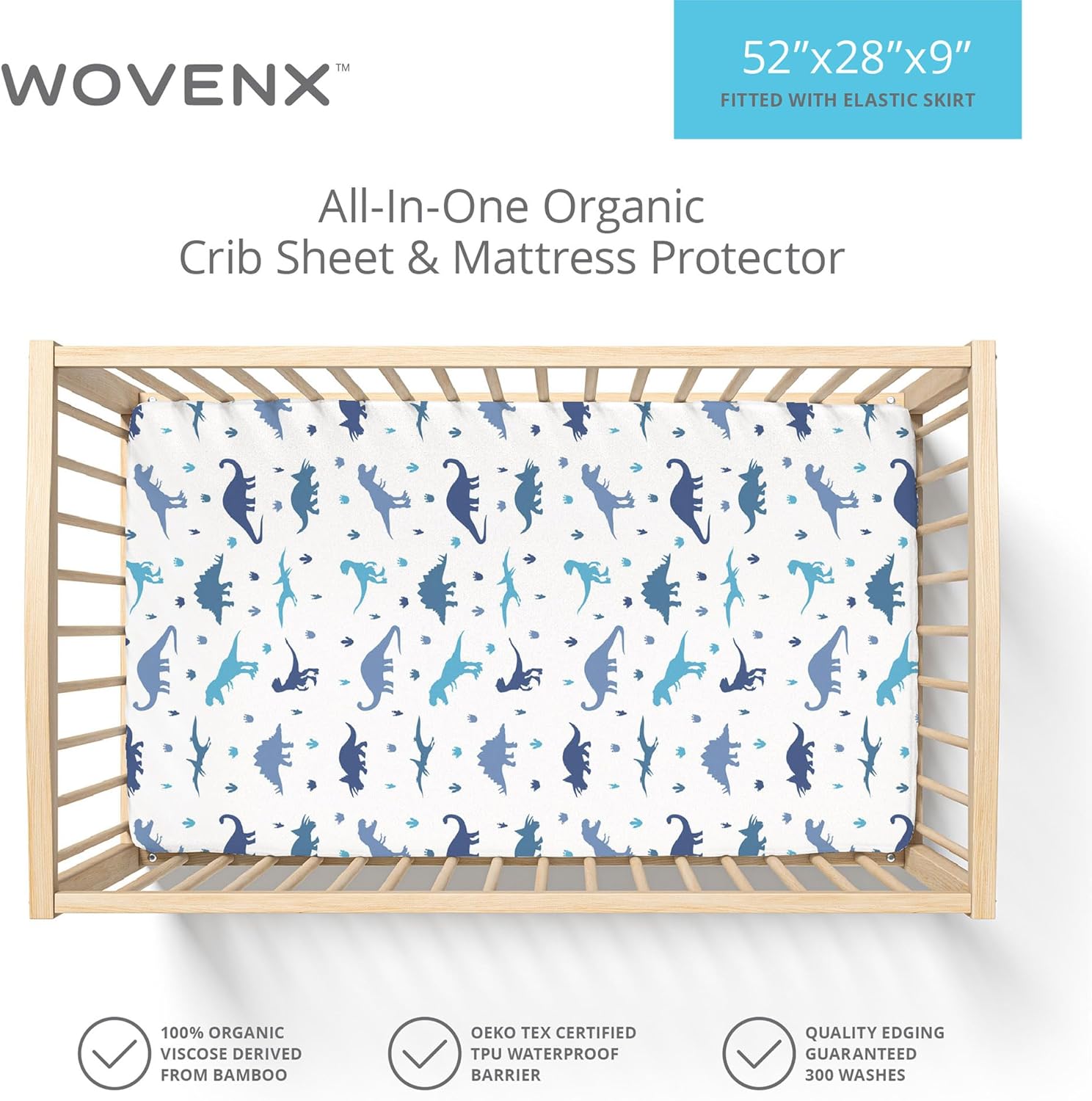 Dinosaur All-in-One Crib Sheet Mattress Protector - Soft & Breathable Baby Bedding - Organic 100% Viscose from Bamboo - Waterproof 5 Layer Protection - Washable - Fits Standard Cribs (52"x28")