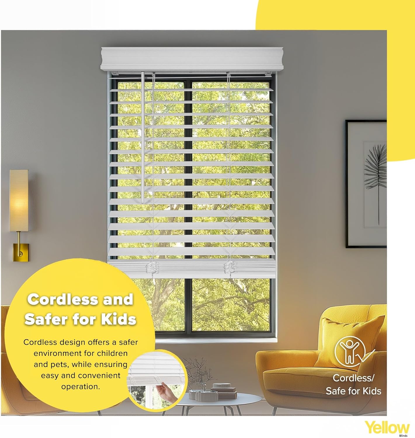 2" Cordless Faux Wood Blinds, Blackout Wooden Blinds for Indoor Windows with No-Hole Slats, New White, 32.5" W x 64" H by YELLOW BLINDS