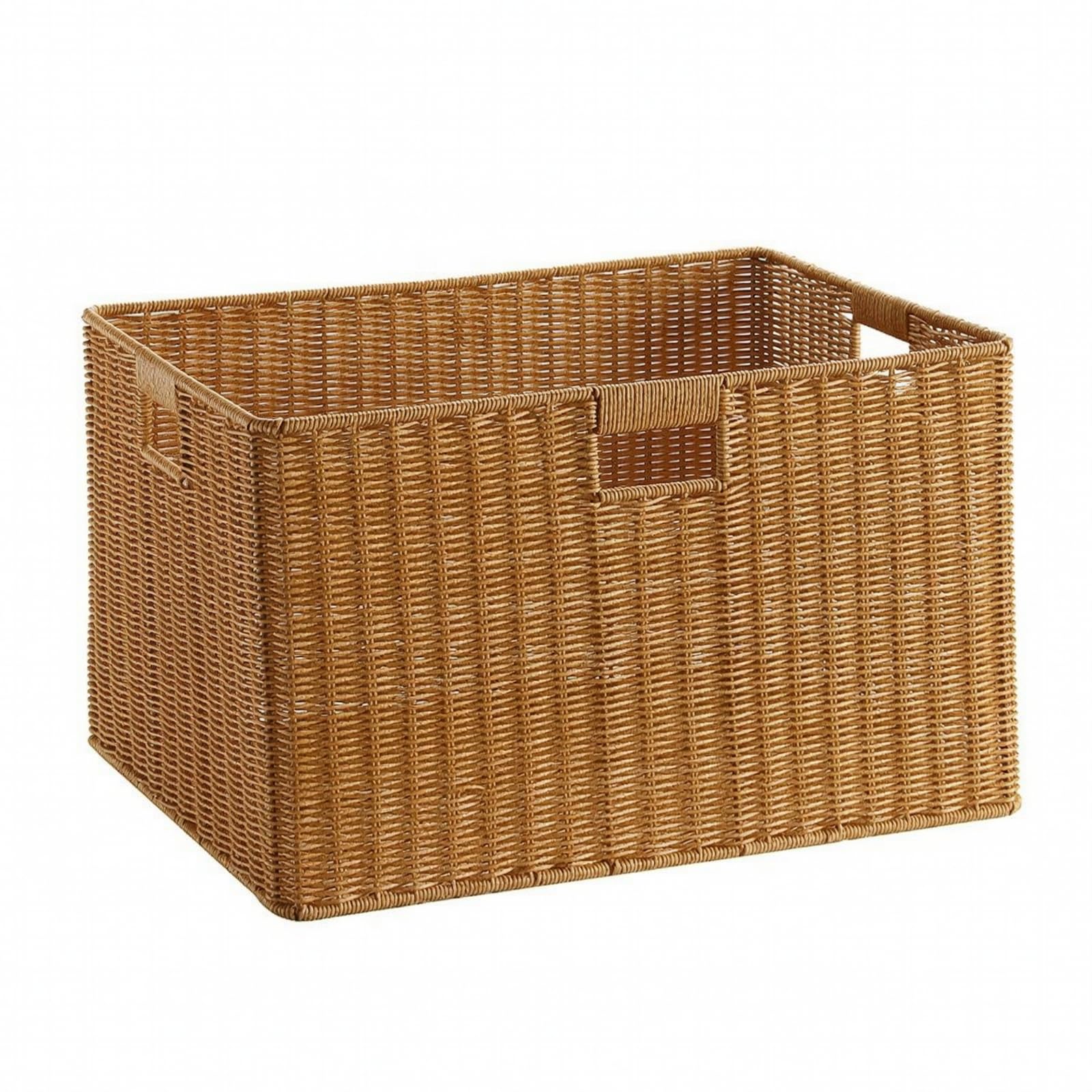 Cesta Ratán Sintético sin Montaje Cesto Almacenaje con BOR Reforzado Resistente para Dormitorio, Mudanzas, Café Claro, 53x38x31cm