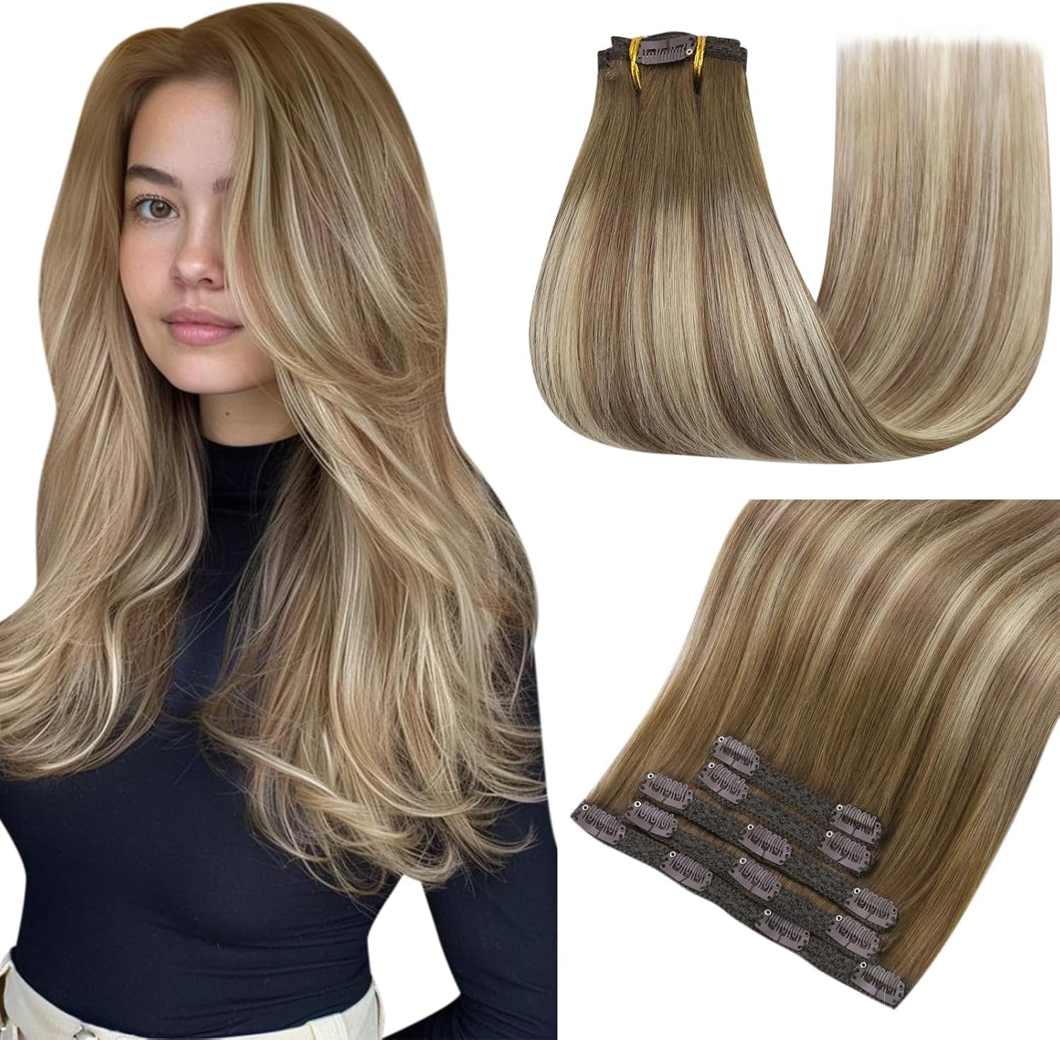 Easyouth Clip in Hair Extensions Real Human Hair Balayage Brown Clip in Human Hair Extensions Brown to Blonde Ombre Real Hair Clips in Extension Soft Thick 14Inch 70g 5Pcs #3/8/22