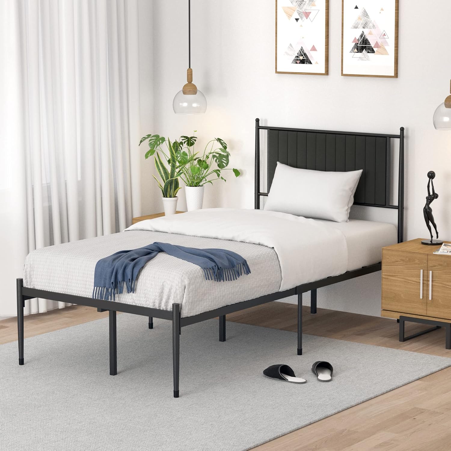 Base De Cama De Metal Tamaño Individual Con Soporte De Listones De Acero Resistente, Plataforma De Alta Resistencia De 14 Pulgadas Para Dormitorio, Que Proporciona Un Espacio De Almacenamiento