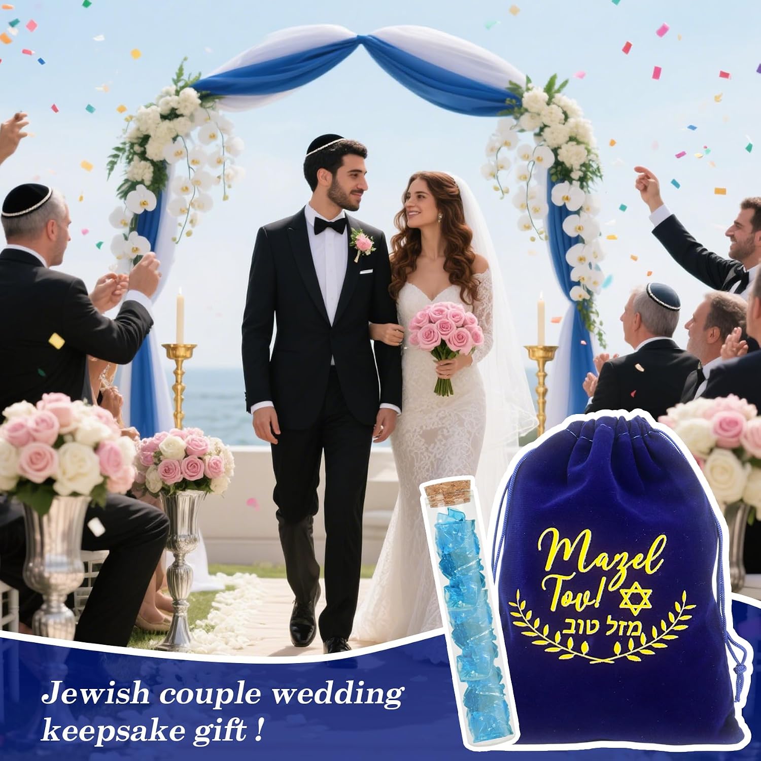 Klmnop Jewish Wedding Chuppah Breaking Glass Set - 1 Cup, 1 Tube & Drawstring Bag - Jewish Gift for Couples Engagement Marriage Anniversary, Ceremony Blue Vessel for Groom(Blue)