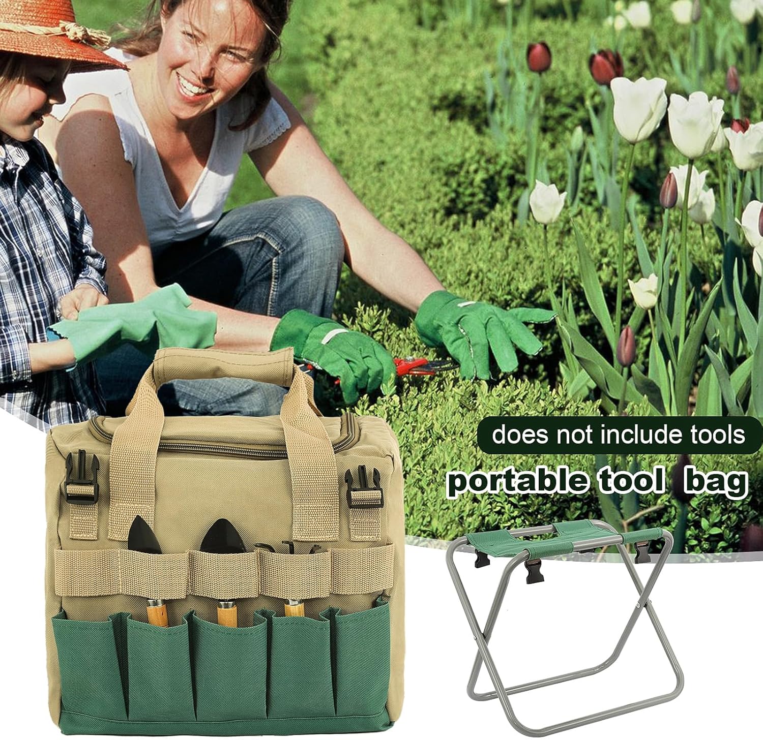 Folding Gardening Stool with Detachable Storage Tote Bag, Multifunctional Gardening Tools Set Organizer for Fishing and Camping,Portable Garden Chair Seat for Adults - Without Tools