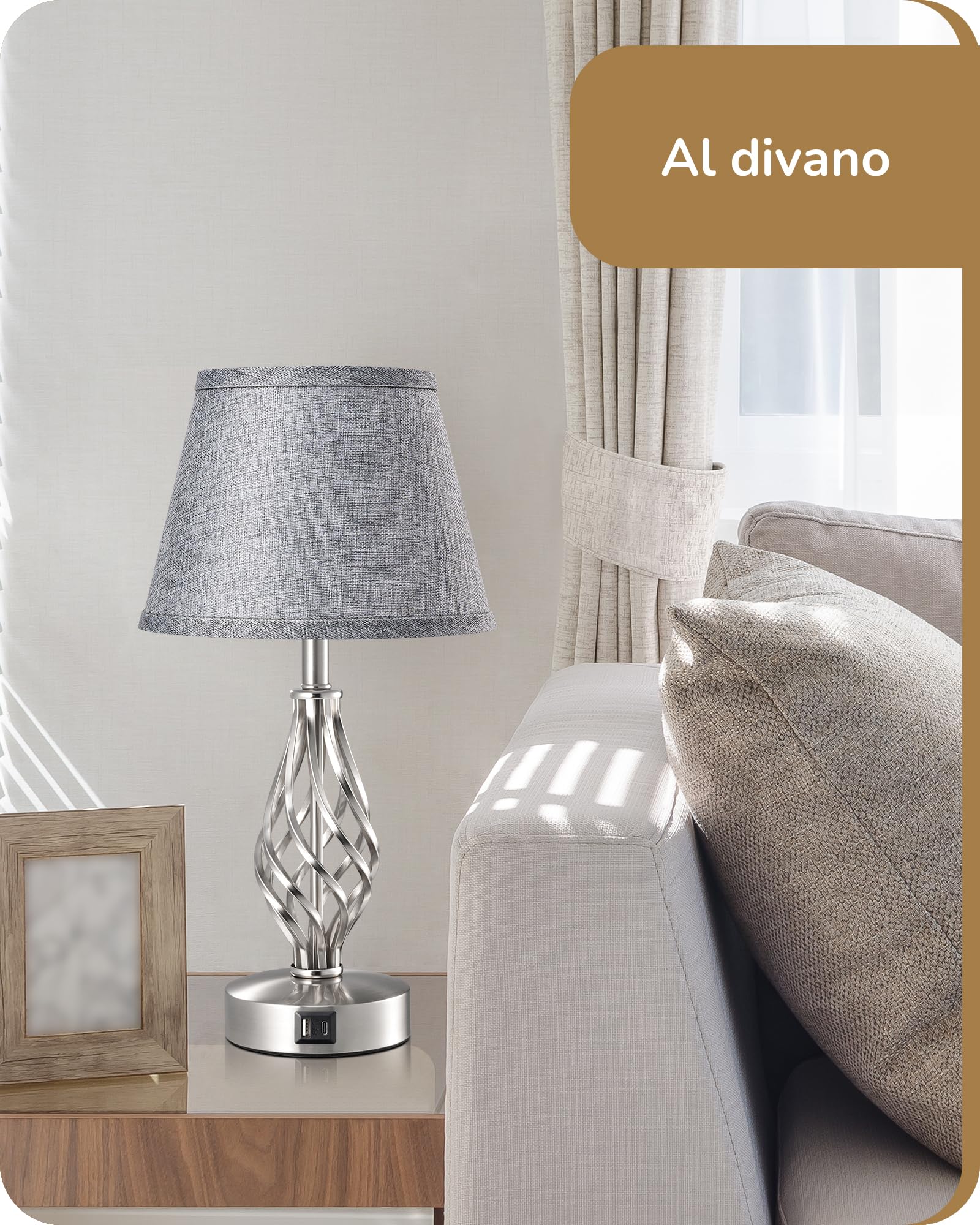 EDISHINE 2 Lampade da Comodino, Funzione di Ricarica, LED Touch Dimmerabile | 2 Porte USB, Lampada Decorativa per Camera da Letto, Soggiorno e Davanzale, Paralume in Lino, Grigio