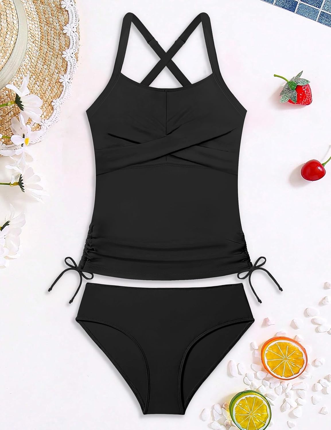 Girls Swimsuit Adjustable Straps Two Piece Tankini Set Criss Cross Ruched Drawstring Teen Bathing Suits for Girls 9-16Y - Image 6