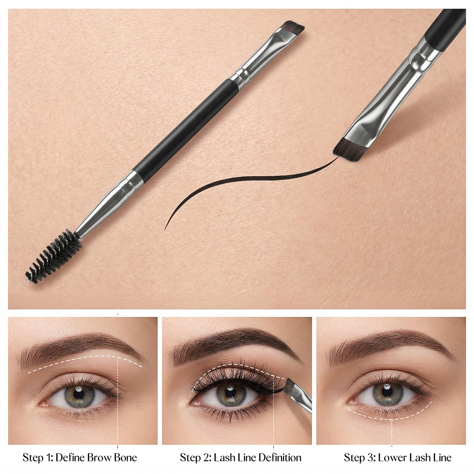 Pędzel do brwi z podwójną końcówką, kątowy pędzel do brwi i eyeliner do precyzyjnego nakładania makijażu (czarny)