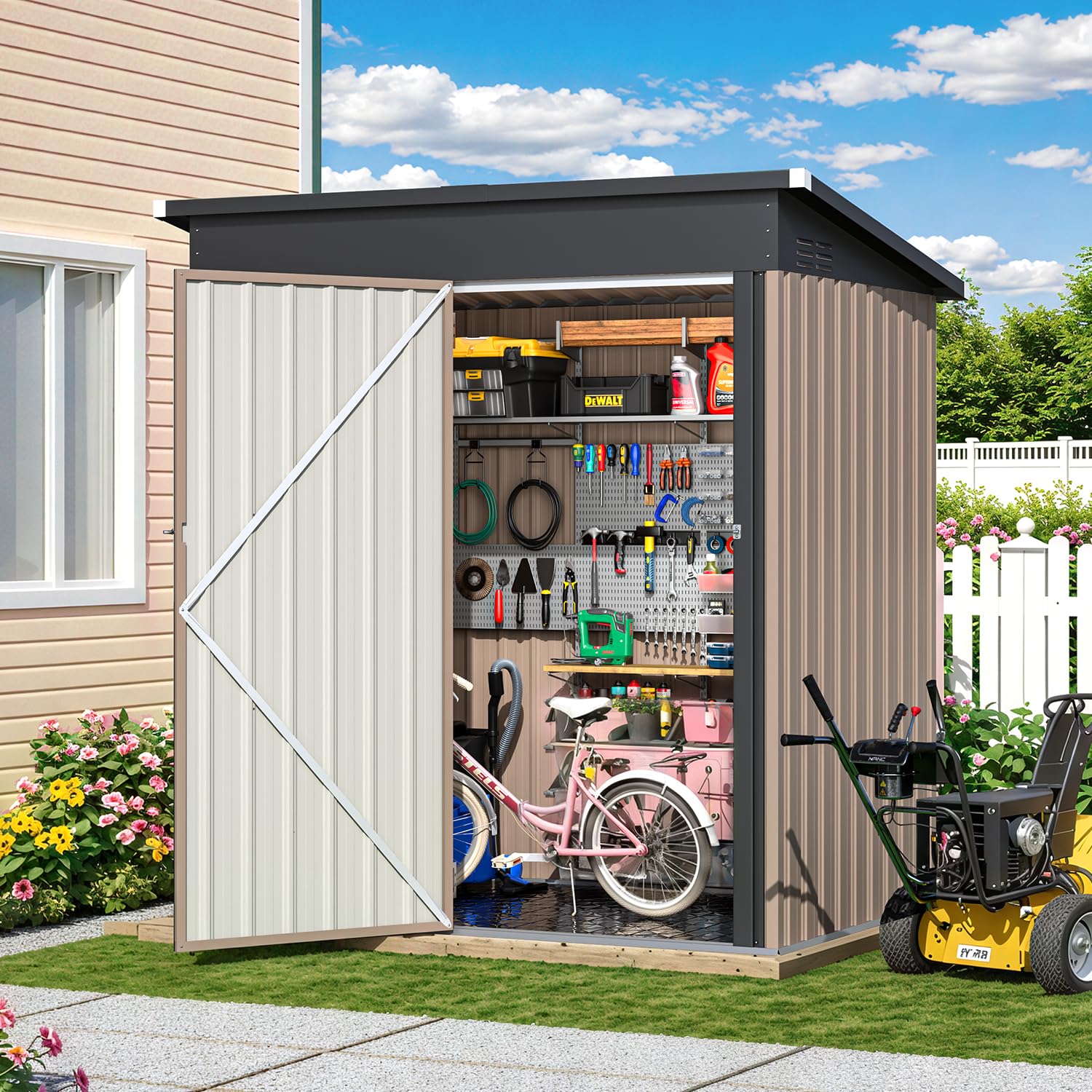 YODOLLA Abri de Jardin Métal, Cabane de Jardin Extérieur avec Sol Intégré & Toit Incliné, Porte Coulissante, Résistant aux Intempéries, Rangement Outils pour Jardin & Stockage（Gris, 162 x 101 x 185cm）