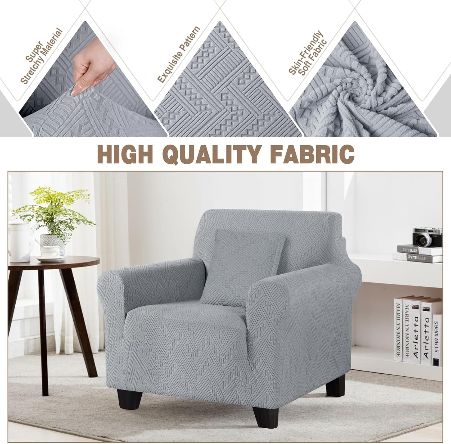 Ruaozz Stretch Chair Sofa Slipcover 1 Piece Chair Cover with Arms Non Slip Armchair Cover Soft Jacquard Furniture Protector with 1 pcs Throw Pillow Cover (1 Seater, Light Grey)