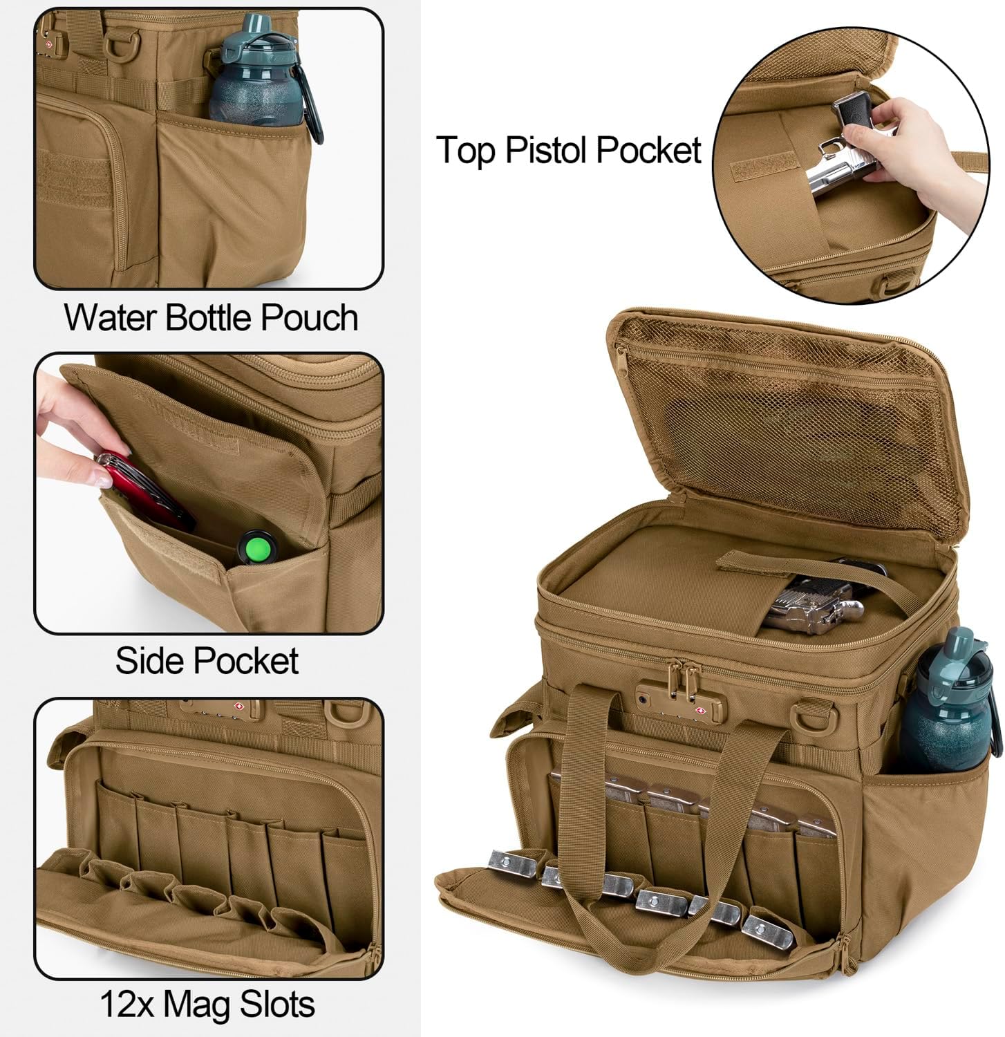 Tactical Gun Range Bag with 3 Pistols Capacity and TSA Lock, Gun Duffle Bag with 2 Small Pistol Cases and 12x Magazine Slots, Multi-Pockets for Hunting and Shooting Range Gear, Khaki - Image 4