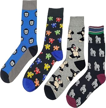 Gorilla Dress Socks 4 Pack Funny Novelty Crazy Fun Design Men Size 8-12 Cotton Casual Crew Colorful Funky Fancy Socks Gift for Men