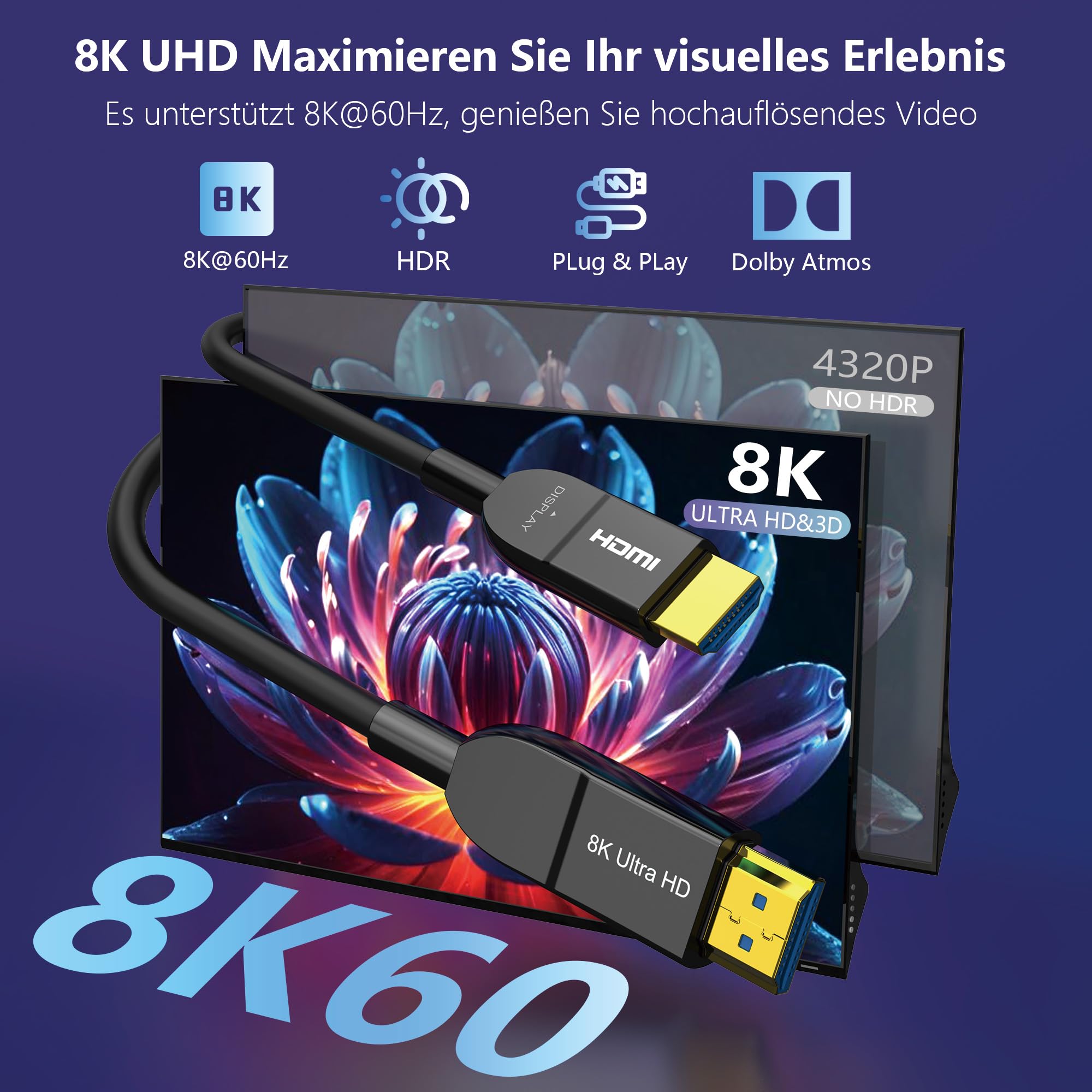 8K Glasfaser HDMI Kabel 15Meter, Langes aktives HDMI 2.1 Kabel 48Gbps Ultra High Speed 8K@60Hz 4K@120Hz HDR10 eARC 3D HDCP 2.3 Kompatibel mit Laptop, Monitor, PS5, PS4, Xbox, HDTV