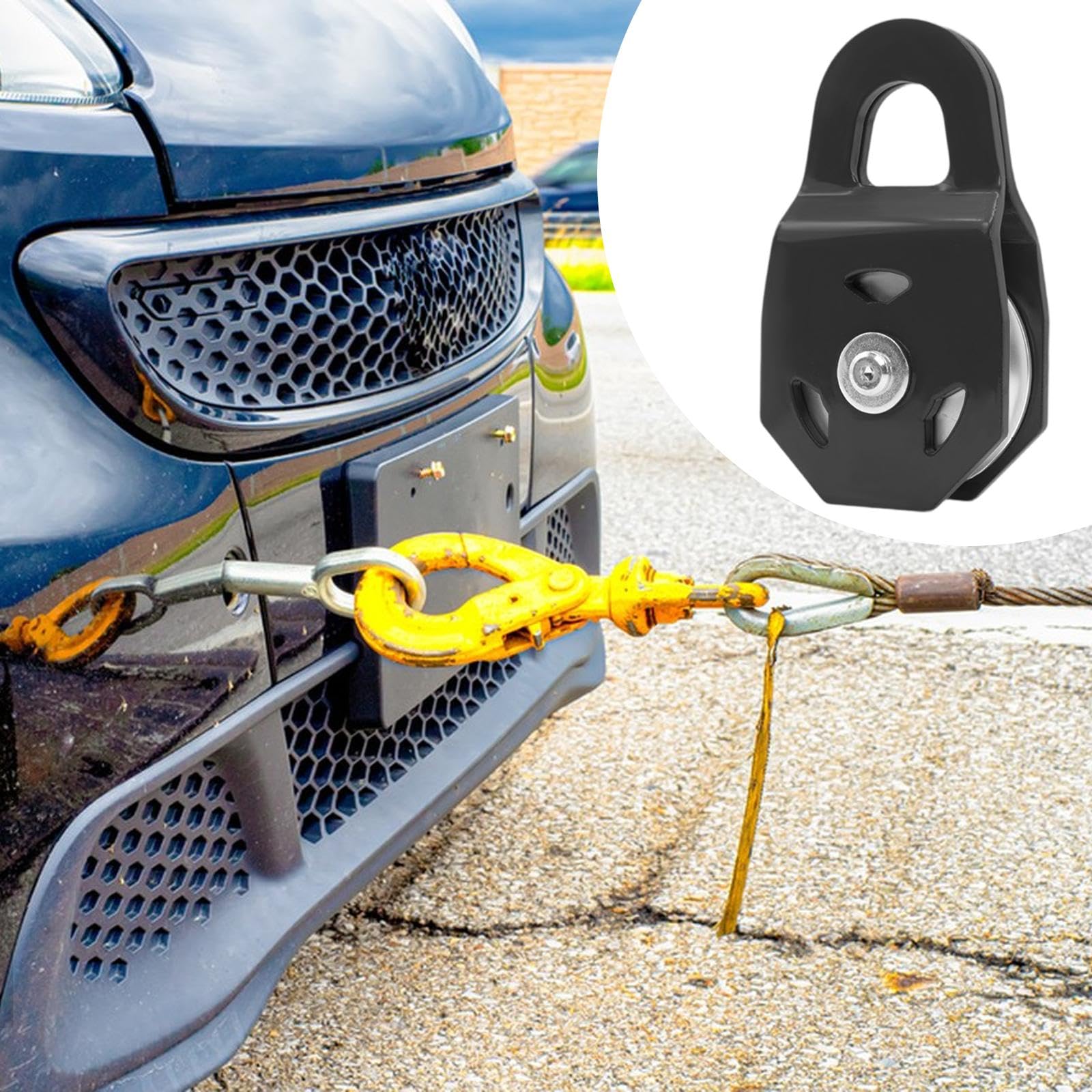 Snatch Block Winch Pulley de Metal para Tareas Pesadas Bloque de Polea Tractor Accesorio de Cable Sintético Herramienta de Adecuado para, Negro