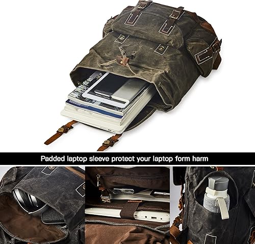 Miniatura 5 de BRASS TACKS Leathercraft Mochila de tela encerada para hombres, casual, de 15.6" para laptop, Marrón oscuro, Mochilas de mochila