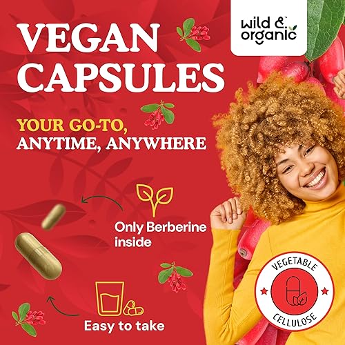 Miniatura 4 de Wild & Organic Cápsulas de suplemento de berberina de 1000 mg  Antioxidante y apoyo general  Polvo puro de berberina HCL  Corteza de Berberis
