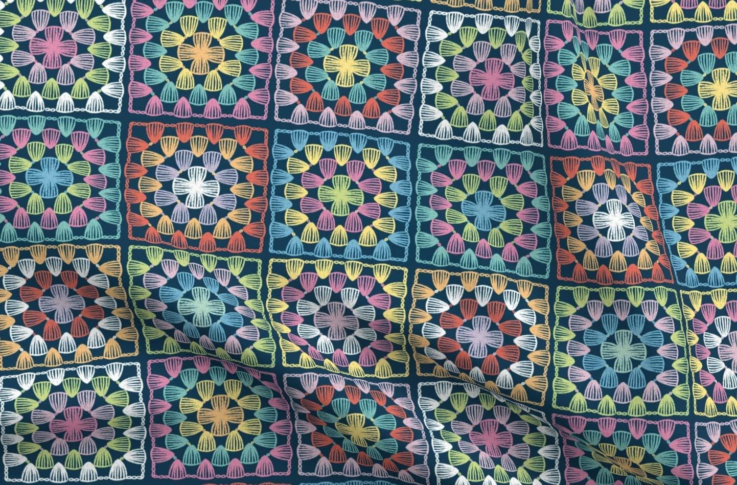 Spoonflower Fabric - Granny Square Crochet Look Vintage Knitting Look Printed on Organic Cotton Sateen Fabric by The Yard - Sewing Quilting Apparel Home Decor