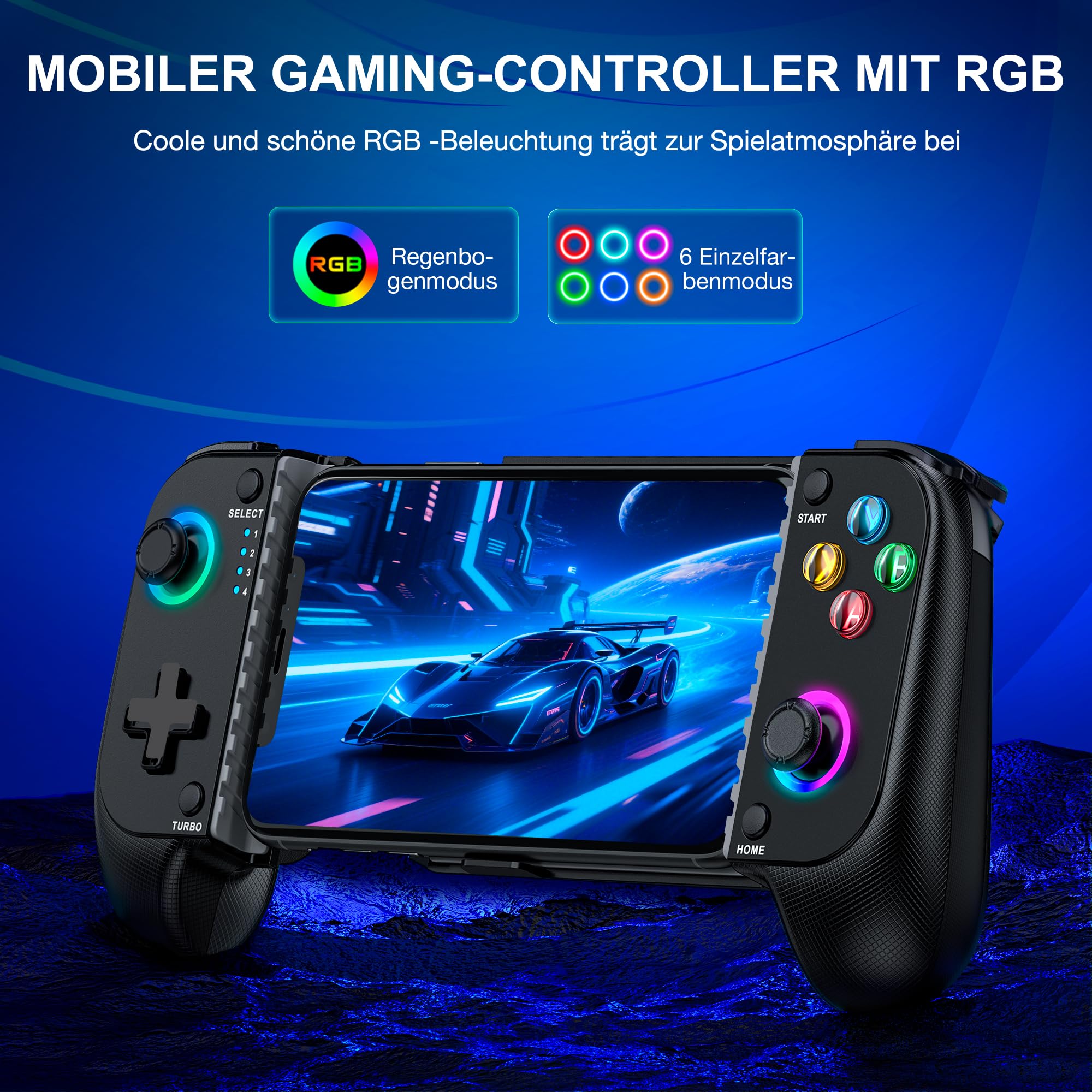 HASACOOL Handy Controller für iPhone/Android, Bluetooth Smartphone Controller mit Hall Effect Joystick/RGB Licht, Support Xbox Cloud/Steam Link/GeForce Now/MFi Apple Arcade/Roblox