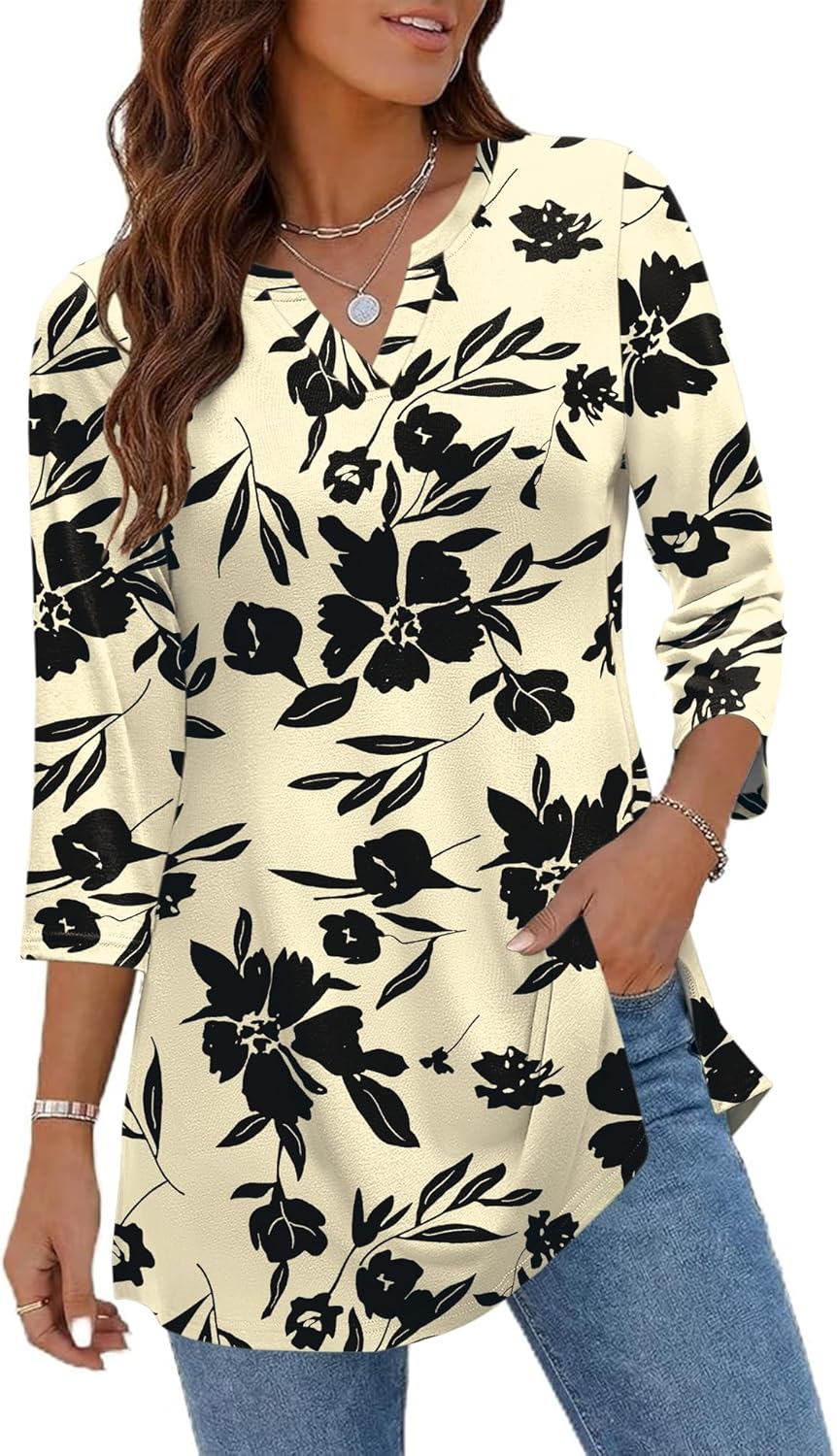Ivicoer 3/4 Length Sleeve Womens Tops Dressy Casual Plus Size V Neck Tunics to Wear with Leggings Side Slit Shirt - Image 2