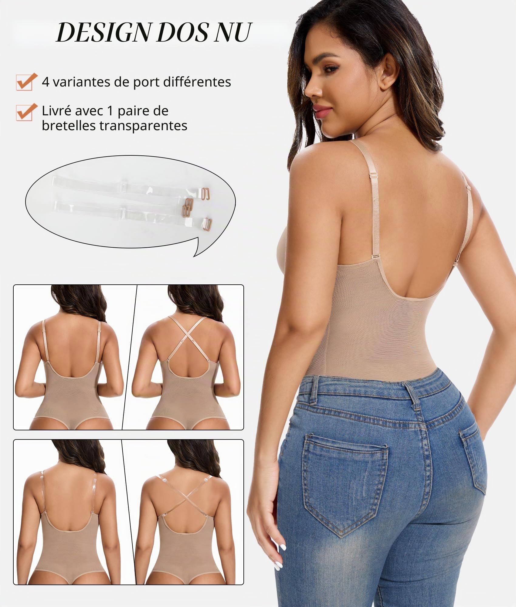 SHAPERIN Body Gainant avec Soutien-Gorge Intégré Femme Dos Nu Body Sculptant Minceur Col V Bodys Shaper Lingerie Sculptante
