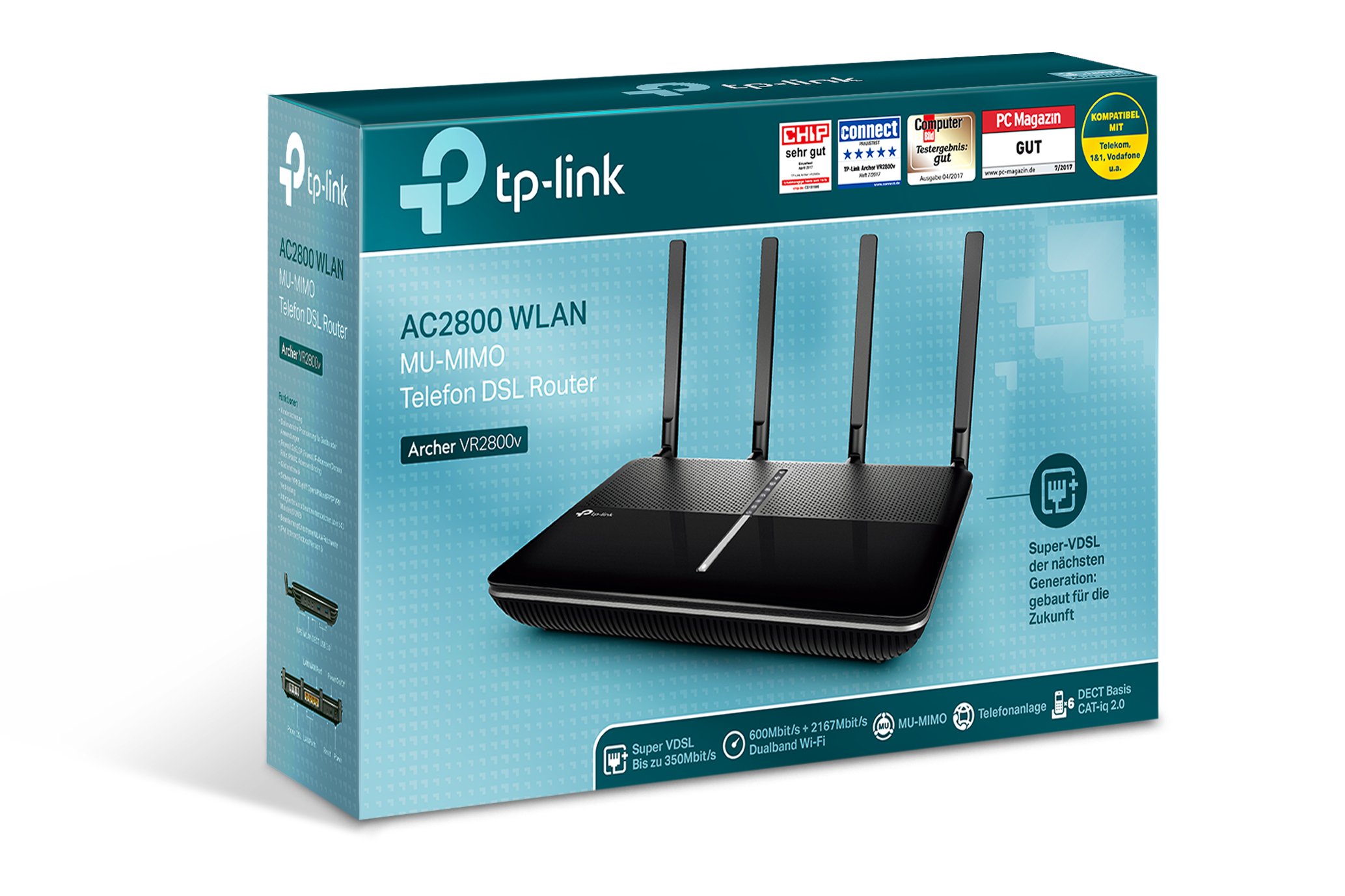 TP-Link Archer VR2800v AC2800 WLAN Telefonie VDSL DSL Modem Router (2167 Mbit/s 5GHz, 600 Mbit/s 2,4GHz, komp. mit Telekom/1&1/Vodafone/O2, DECT Basis und Mediaserver, nur für Deutschland)schwarz