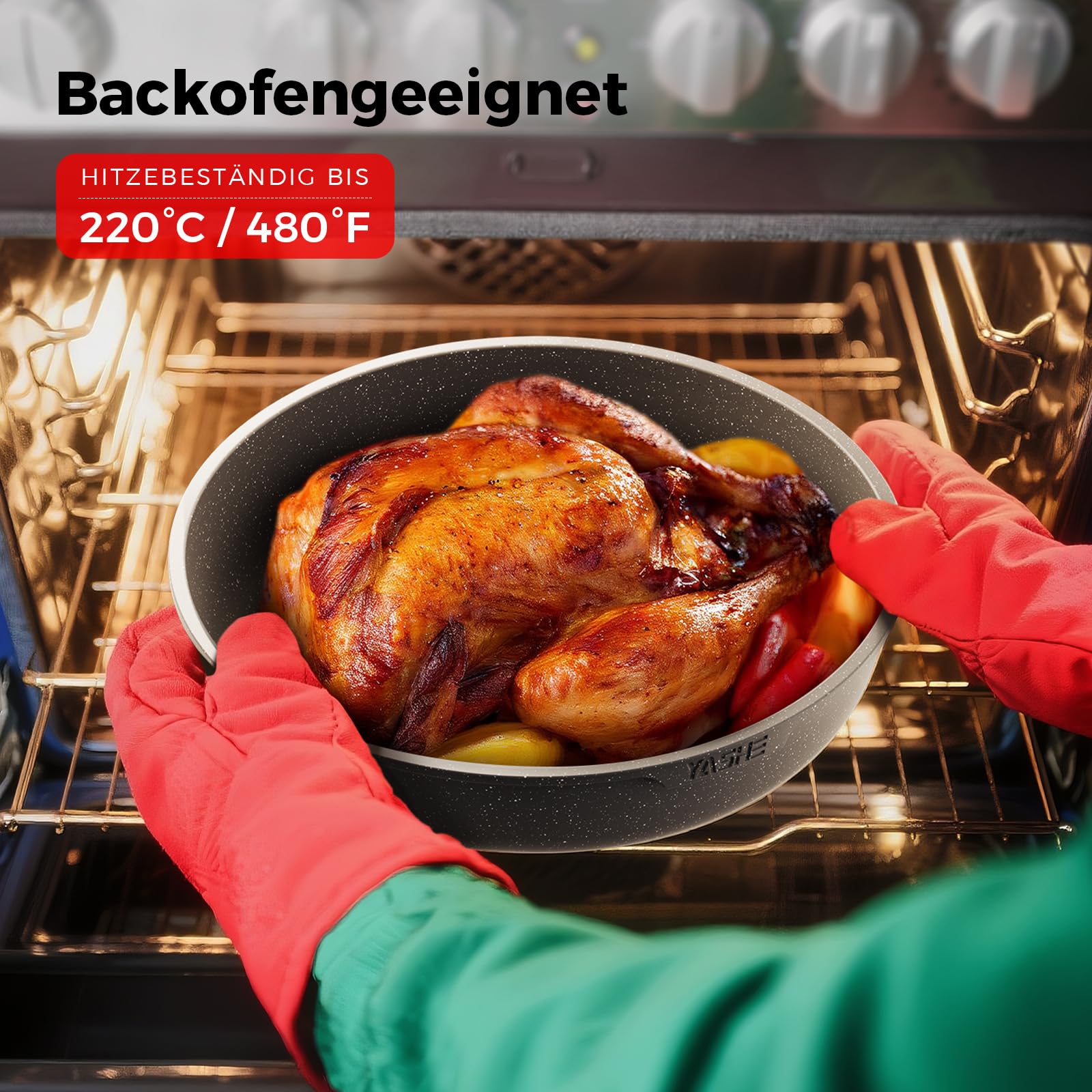 YASHE 20-teiliges Topfset mit Antihaftbeschichtung, abnehmbare Griffe, induktionsgeeignet, Backofen bis 230 °C, spülmaschinenfest, stapelbar, ideal für Familien, Grau