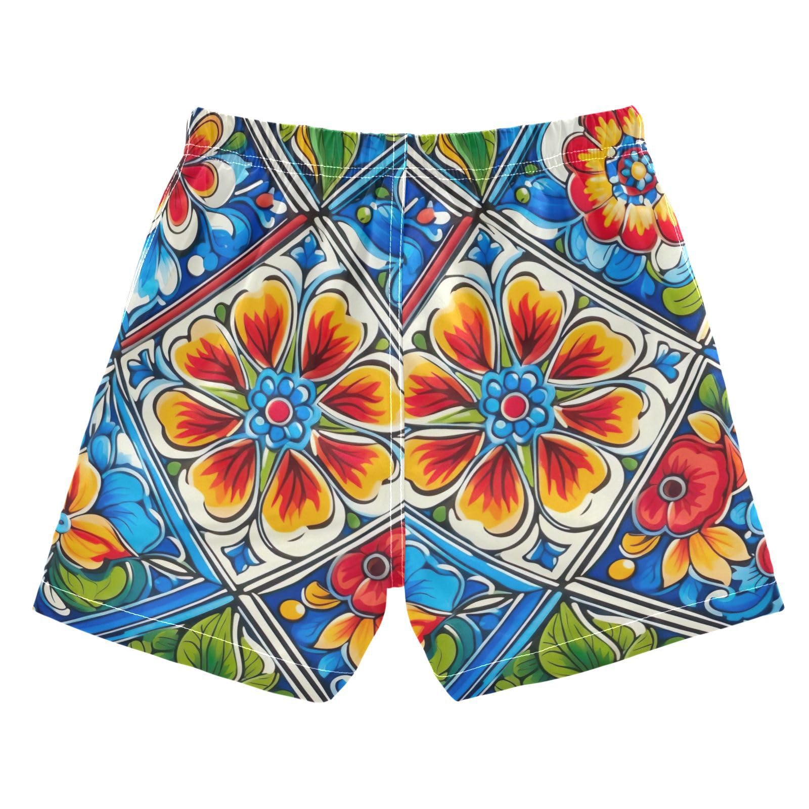 FLildon Mexican Floral Ceramic Tile Boys Swim Trunks with Mesh Lining Quick Dry Beach Board Shorts, 4T