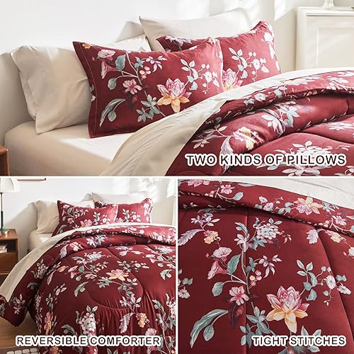 Miniatura 6 de Joyreap Bed in a Bag King, juego de sábanas de edredón floral de 7 piezas, hojas coloridas sobre blanco para todas las estaciones, 1 edredón, 2