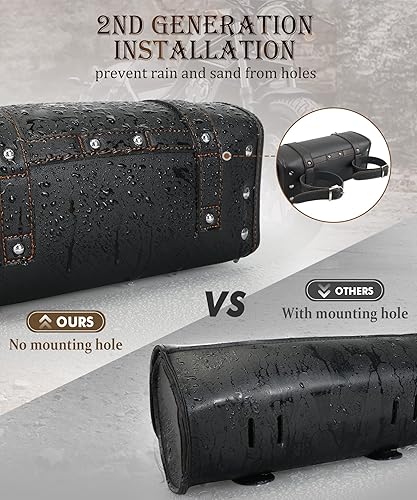 Miniatura 6 de NICECNC Bolsa de Horquilla para Motocicleta Bolsa de Manillar, Estilo Vintage de Cuero PU con Remaches de Estrella Estilo Rock Líneas Clásicas de