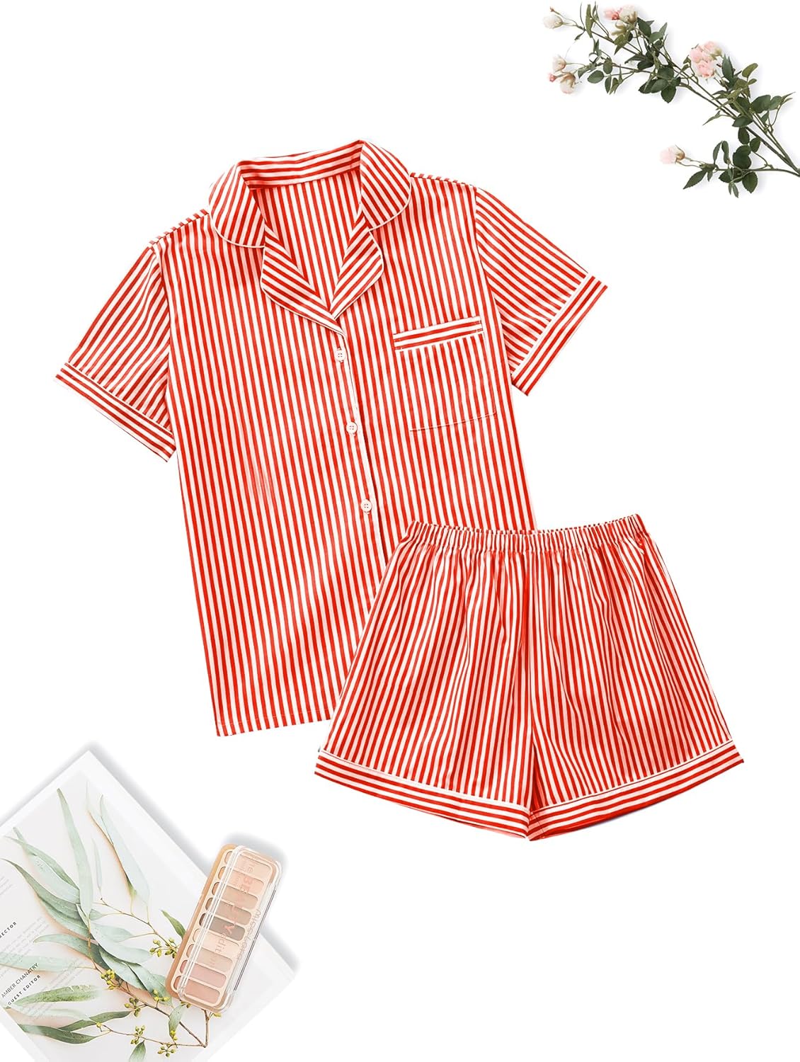 OPOIPIN Women's Striped Pajamas Set Button Down Short Sleeve Shirt 2 Piece Sleepwear with Shorts Red Medium - Image 6