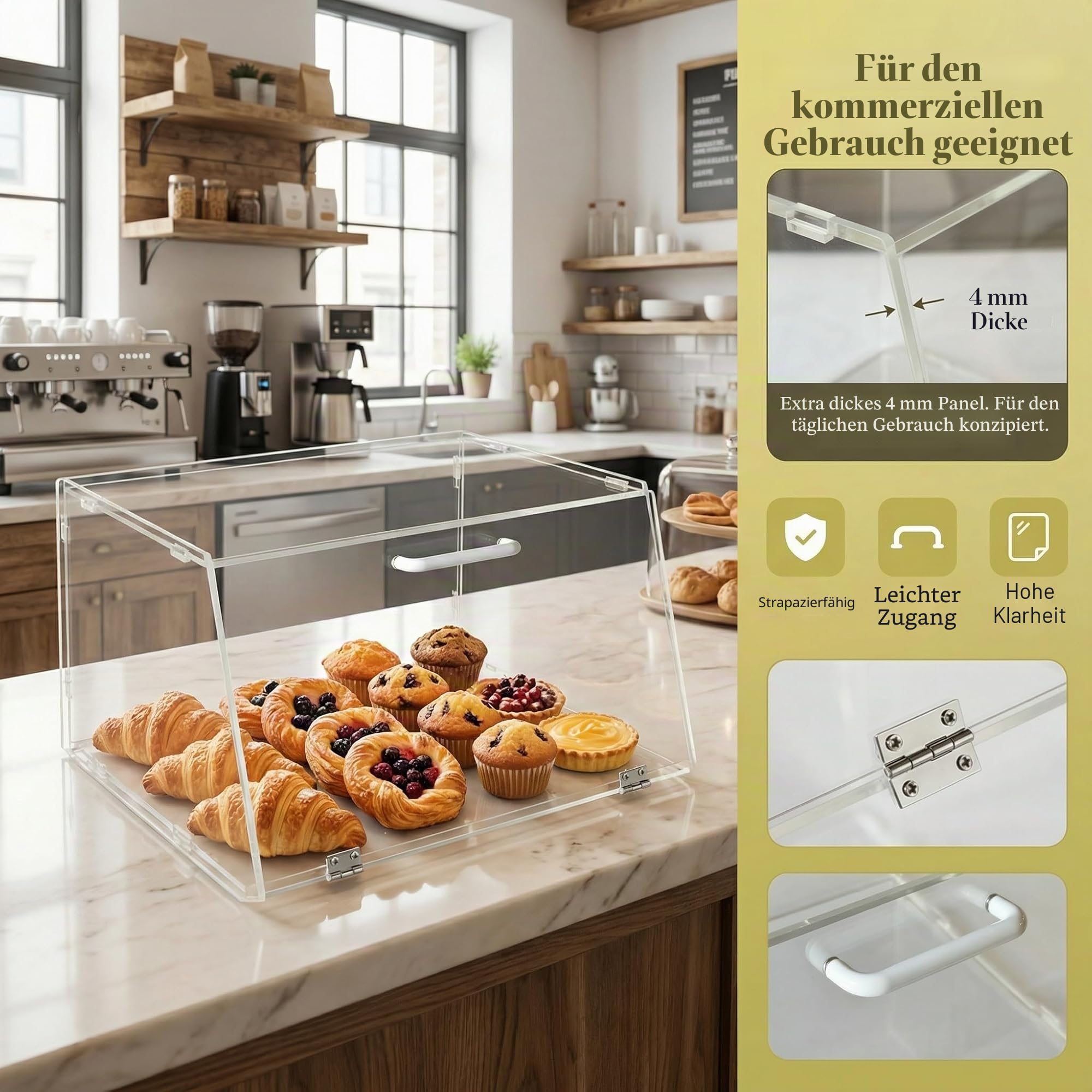 Stapelbare Bäckerei-Vitrine aus Acryl, für Gebäck, Arbeitsplatte, Organizer, Aufbewahrungsbehälter für Bagels, Brot, 38 x 16,5 x 30,5 cm, schräge Tür mit 2 Edelstahlscharnieren, LJ039K