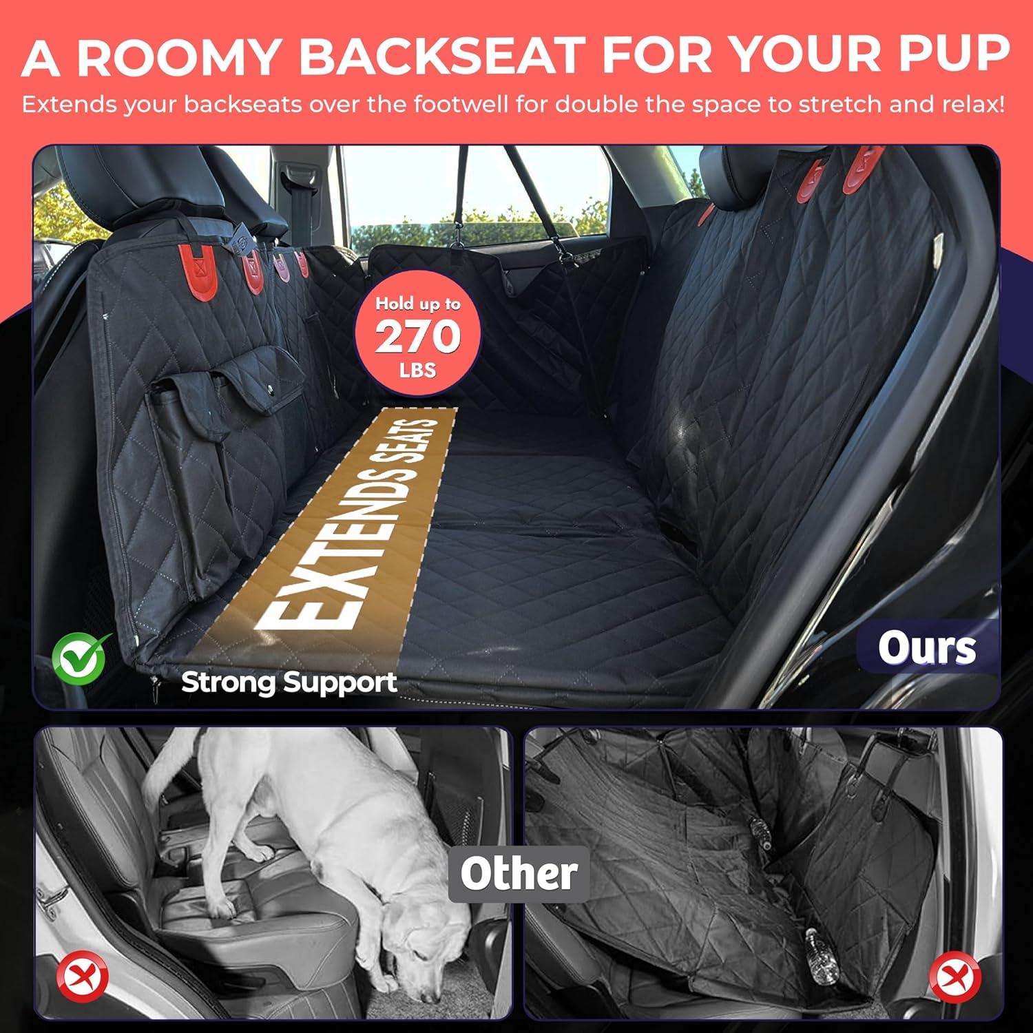 BarkBridge+ Backseat Extender for Dogs - Hard-Bottom Waterproof Back Seat Bridge for Cars, Trucks & SUVs - Dog Hammock with Storage Pockets - Dog Rear Car Seat Cover with Door Covers