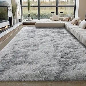 KING DARE 9x12 Area Rug for Living Room Plush Carpet, Soft Fluffy Shaggy Fuzzy Furry Large Black Rug, Anti-Slip Washable Modern Floor Carpet for Bedroom Home Aesthetic Decor, Tie-dye Grey