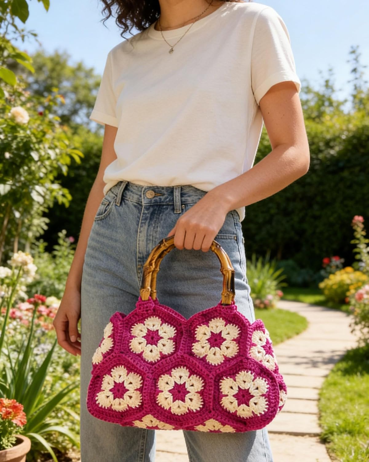 REINDEAR Hand-woven flower-patterned embroidered bamboo-jointed handbag for women,Fashionable lady's handbag - Image 3