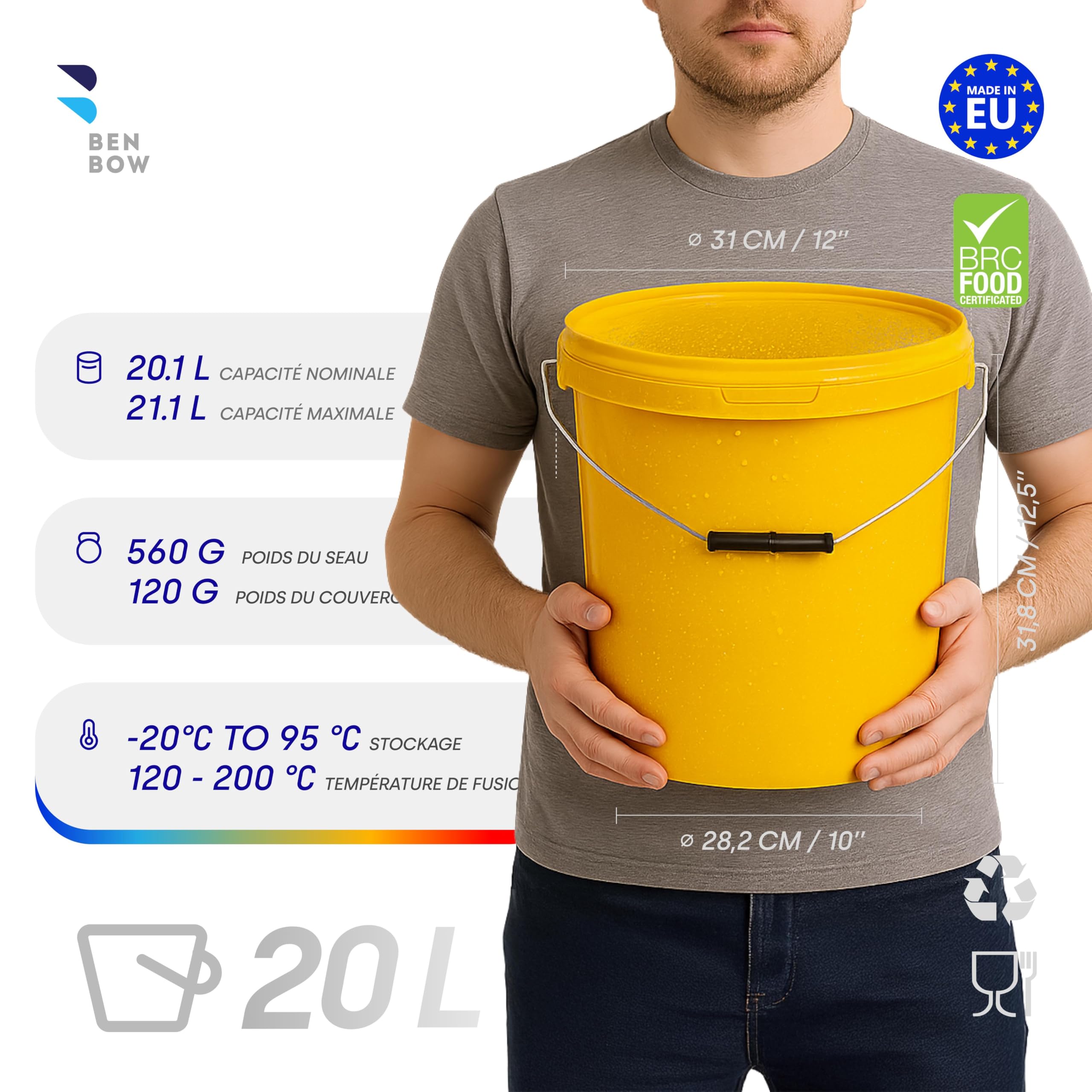 BenBow Seau avec Couvercle 20l Jaune 20x 20 Litre - Convient pour Aliments, atable, étanche à l'air, Anti-Fuite - récipient de Stockage pour Conservation en Plastique, avec Anse en métal - Vide