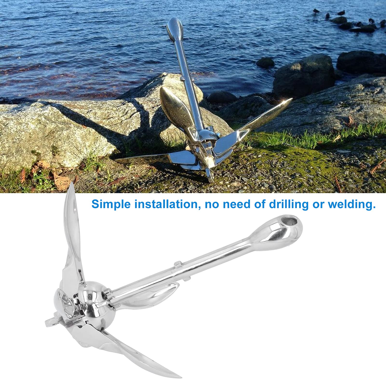 Ancora Pieghevole, Ancora per Barche in Aiaio Inossidabile 316 da 7 Libbre, Ancora Grappino Pieghevole per Impieghi Gravosi per Gommoni, Kayak, Canoa, Paddle Board, Jet Ski