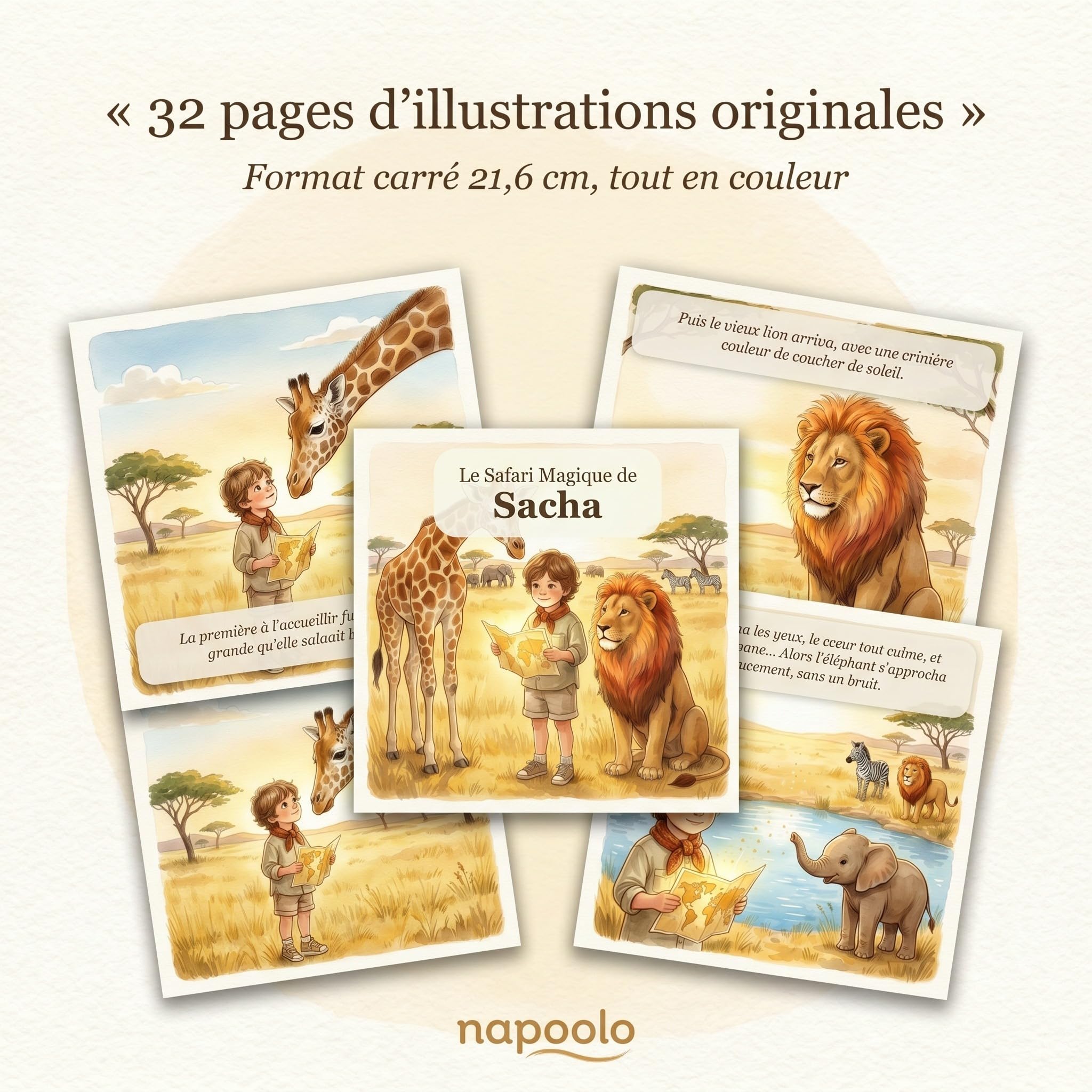 Livre personnalisé enfant safari photo et prénom - Idée cadeau | Aventure douce dans la savane, son animal préféré et sa dédicace, 32 pages aquarelle, carré 21,6 cm, dès 2 ans