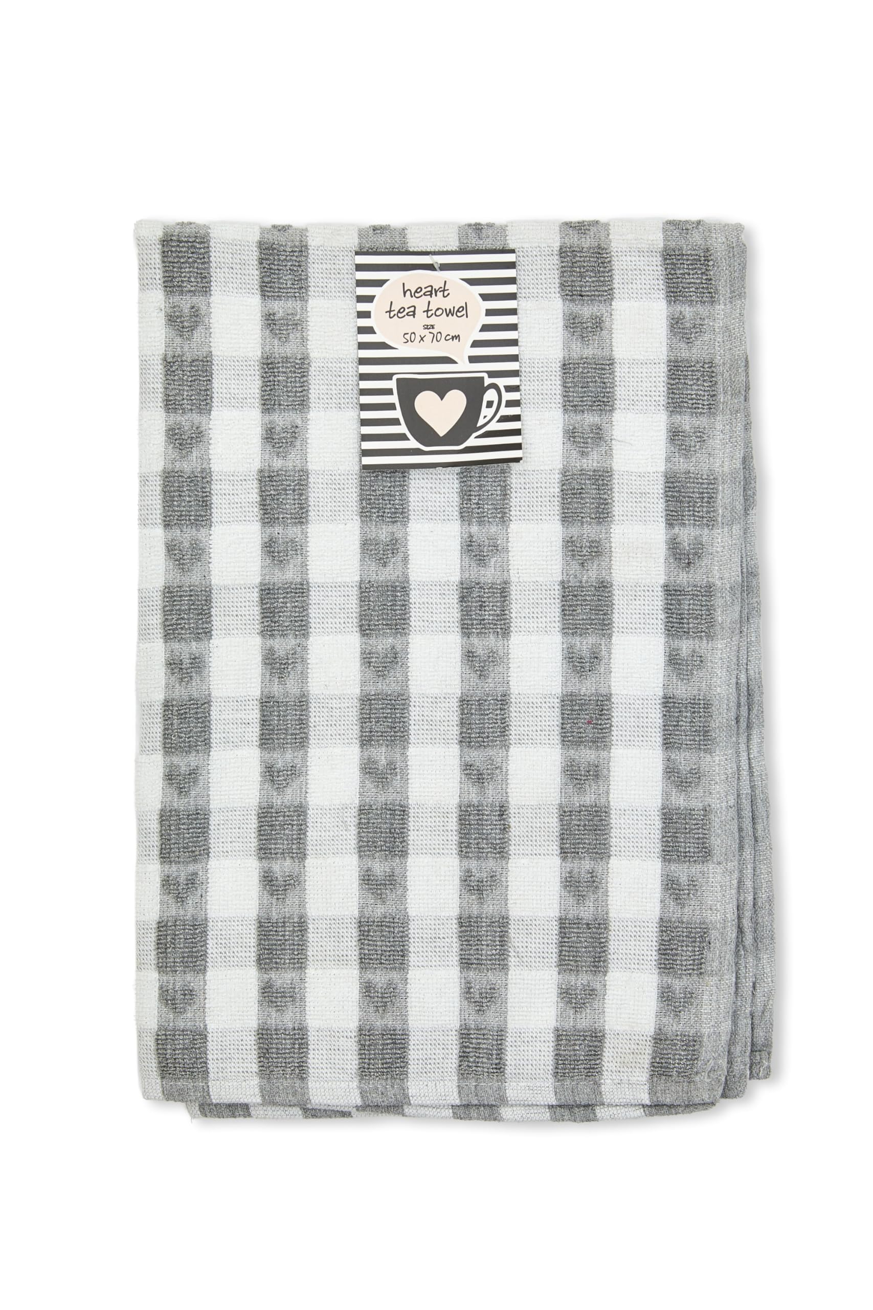 Emma Barclay Jumbo Heavy Weight Check Kitchen Tea Towel with Heart Detail (Silver)