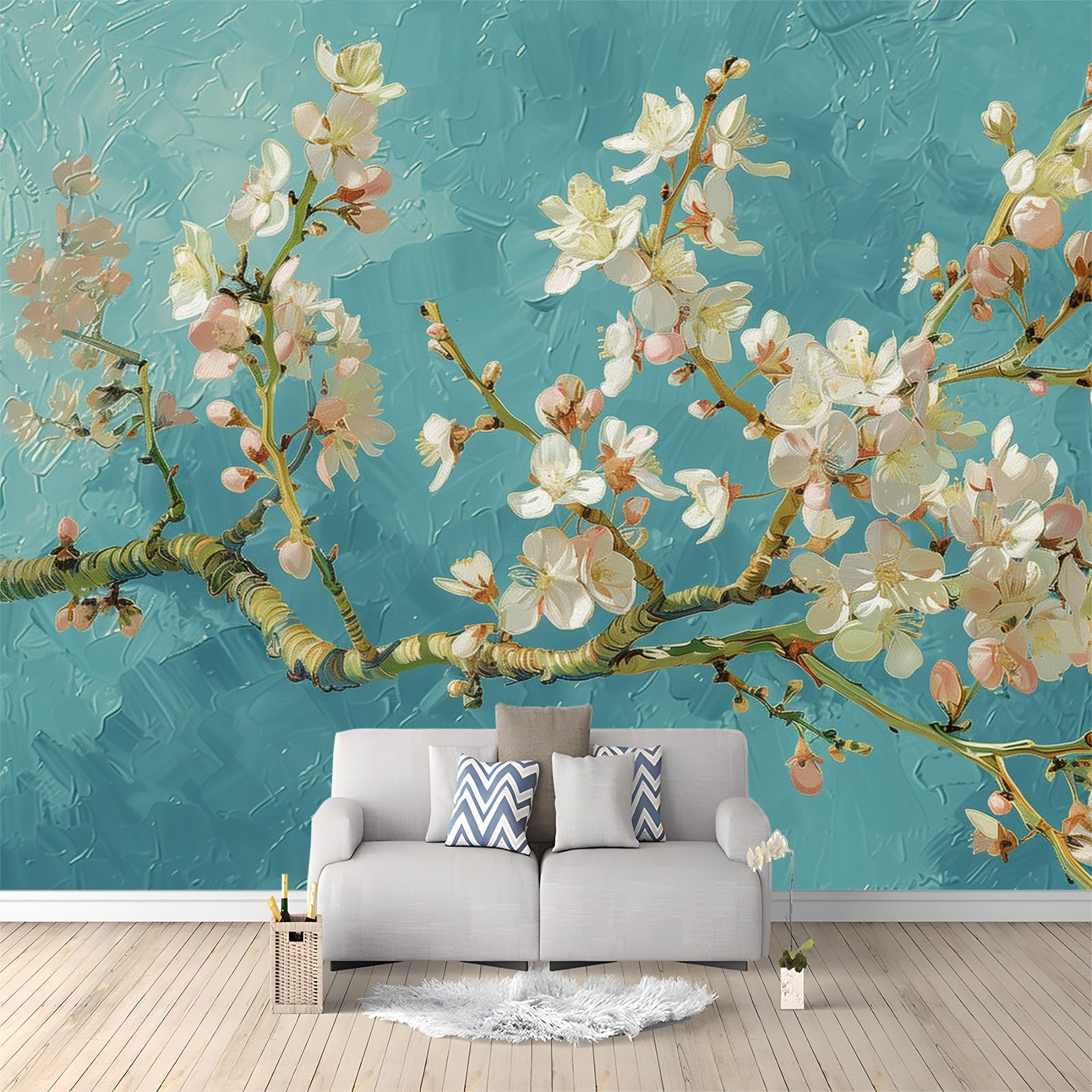 Large Decorative Wall Mural Oil Painting Tree Branches Apricot Blossoms Printed Non Self Adhesive Wallpaper, Light Blue Photo Wallpaper for Bedroom Living Room Wall Design 99" x 69"/250 x 175 cm(WxH)