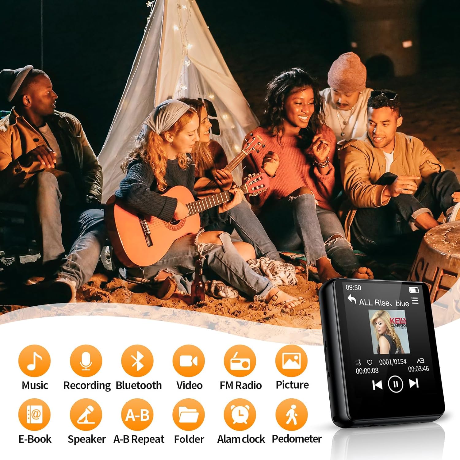 Screen of the PINHUI M4-BK MP3 player displaying various function icons like Music, Recording, Bluetooth, Video, FM Radio, Picture, E-Book, Speaker, A-B Repeat, Folder, Alarm Clock, and Pedometer.