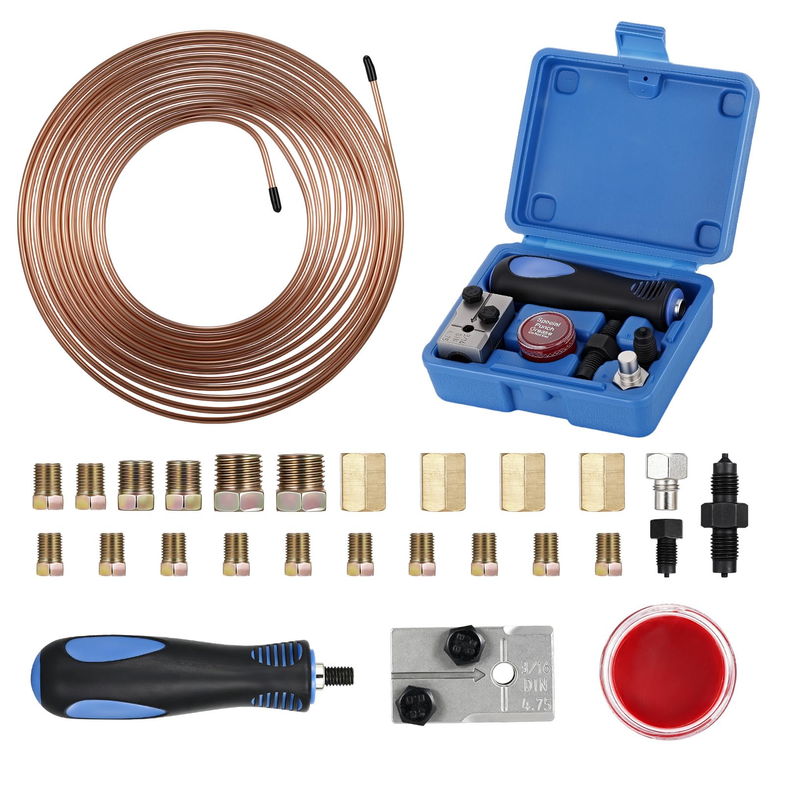 Juego de Abocardador de Conductos de Freno Abocardador Doble DIN 4,75 Mm (3/16") Herramienta para Ensanchar Tubos de Cobre con 7,6 M Ø 4,75 Mm de Conductos de Freno 16 Tuercas de