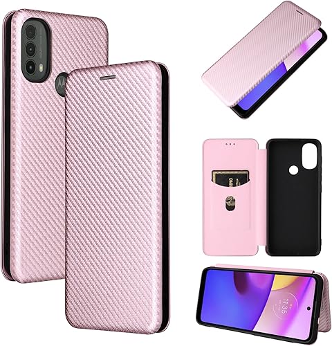 Compatible con Motorola Moto E40, E30, E20 de fibra de carbono Flip Funda de protección completa Flip Case de fibra de carbono PU + TPU Hybrid Case