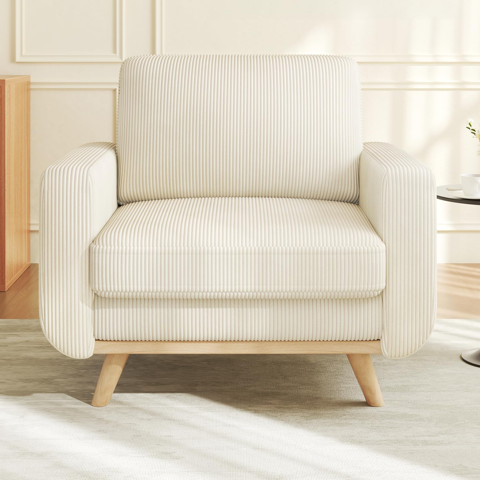 Vesgantti Large Accent Chair Beige, Comfy Corduroy Single Sofa Seat with Spring Cushion, Upholstered Armchair with Deep Seat, Reading Chair for Adults, Modern Sofa for Living Room, Bedroom — image 1