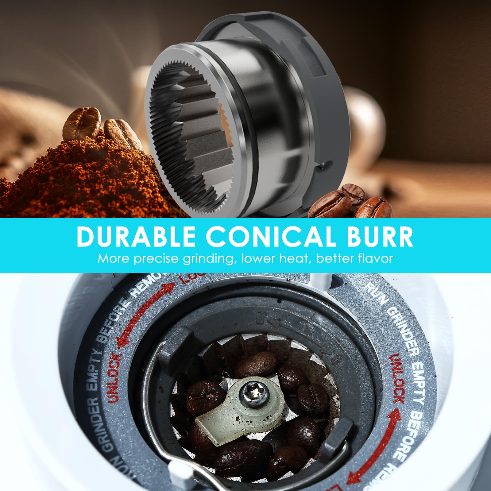 Homtone Broyeur à Café Electrique Conique en Acier Inoxydable, Broyeur de Café à 51 Niveaux Réglables, Broyeur à Café Expresso, Broyeur à Café Automatique Pour Filtre, Noir/Acier Inoxydable