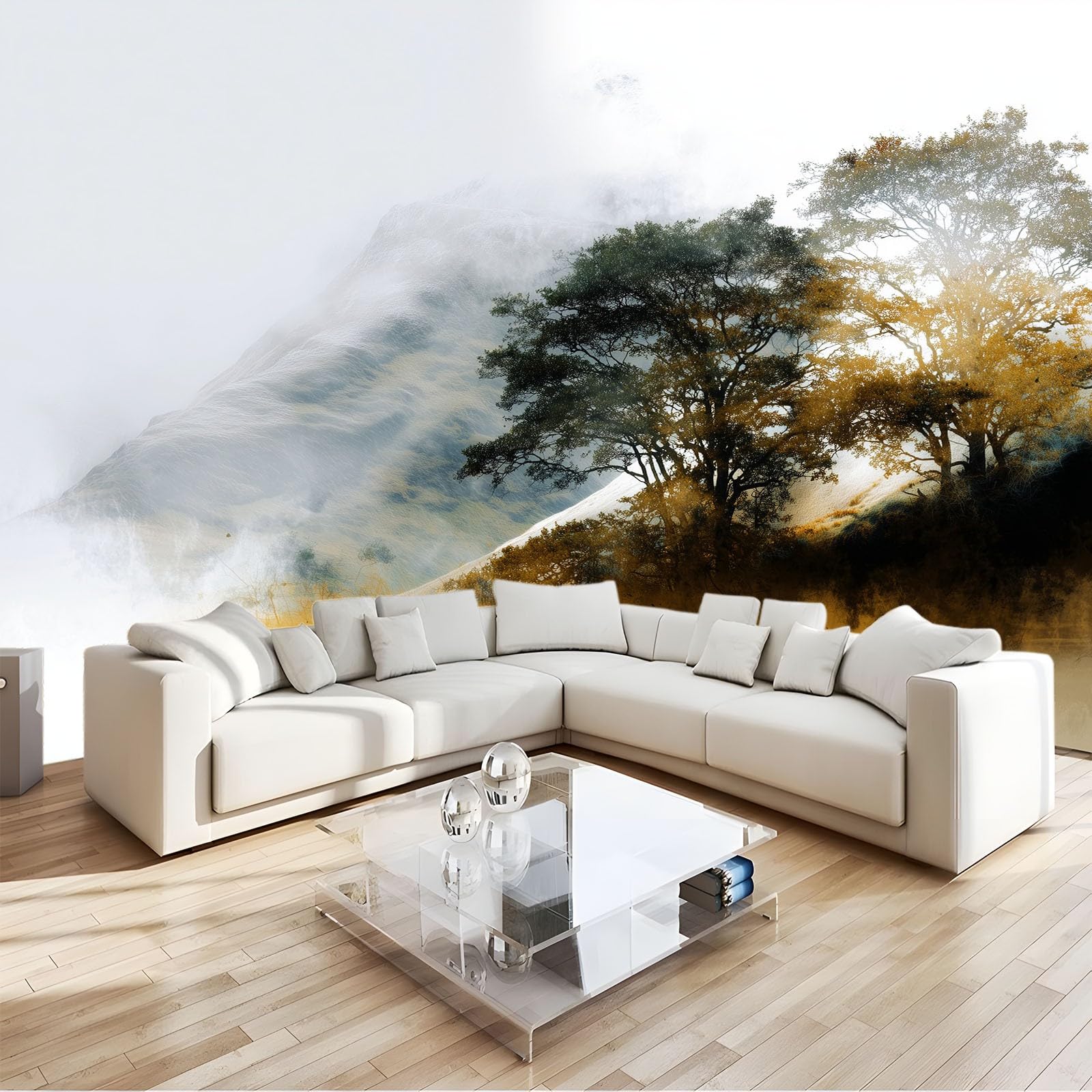 Generisch Tapeta panoramiczna, plakat 350 x 256 cm (szer. x wys.), tapeta na flizelinie, dekoracja ścienna, minimalizm, ręcznie malowane liście, dla dziewcząt, chłopców, do sypialni i salonu (khaki)