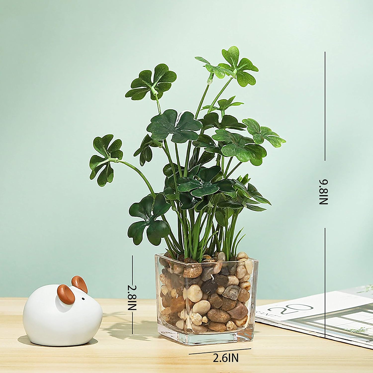 Cedilis 3 Pack Artificial Plants, Assorted Decorative Faux Potted Tabletop Greenery, Fake Lotus, Evergreen, Clover with Artificial Rocks & Roots in Clear Glass Pots