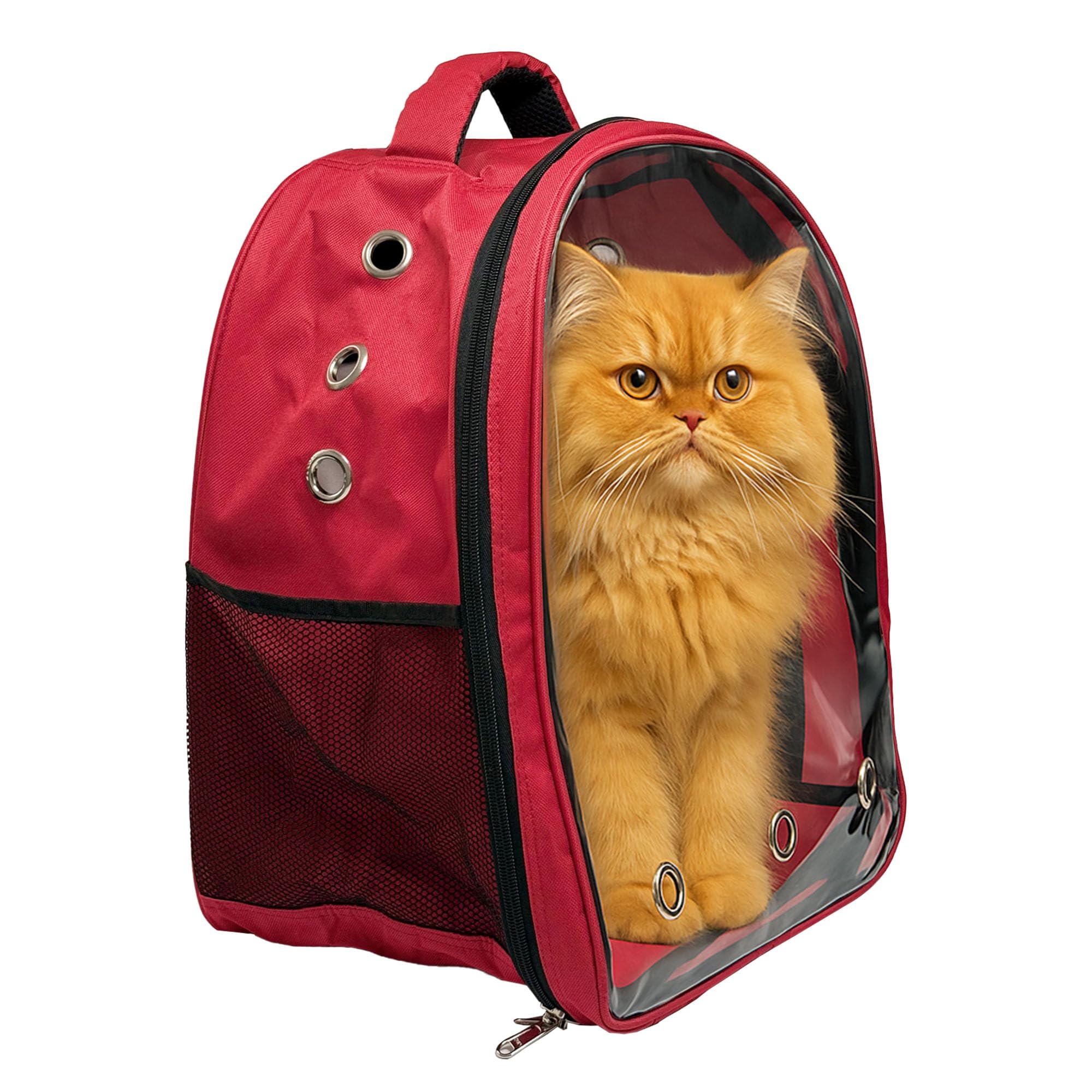 Portable Pet Carrier Bag for Cats & Small Dogs, Transparent Window, 9 Air Vents, Breathable Mesh, Safety Leash, Lightweight Travel Backpack for Days Out (Red)-image-48