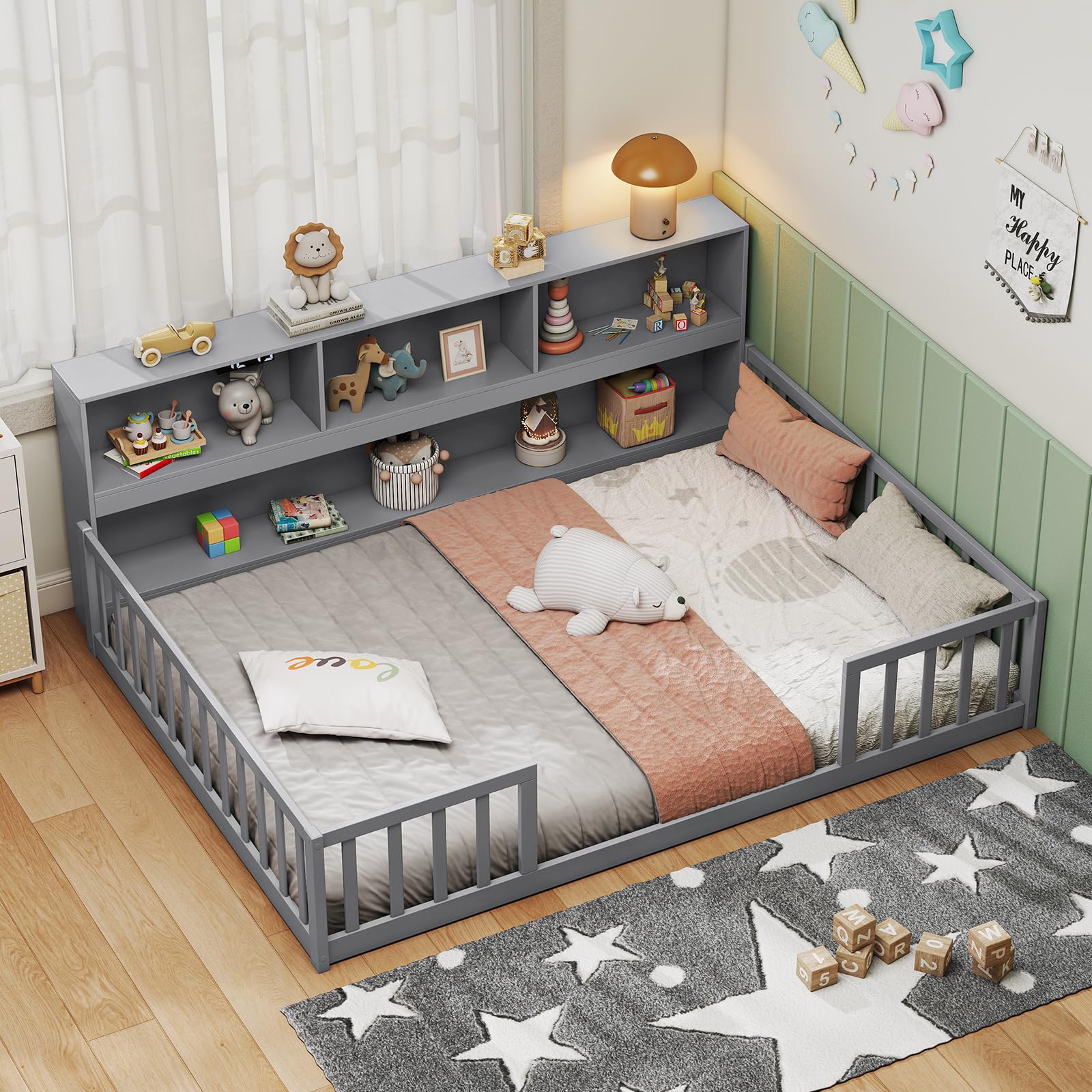 Giantex Full Size Floor Bed for Kids, Wooden Montessori Bed Frame with Bookcase, Storage Shelves & Safety Fence Rails, Floor Beds Full for Girls, Boys, No Box Spring Needed, Without Slats, Grey
