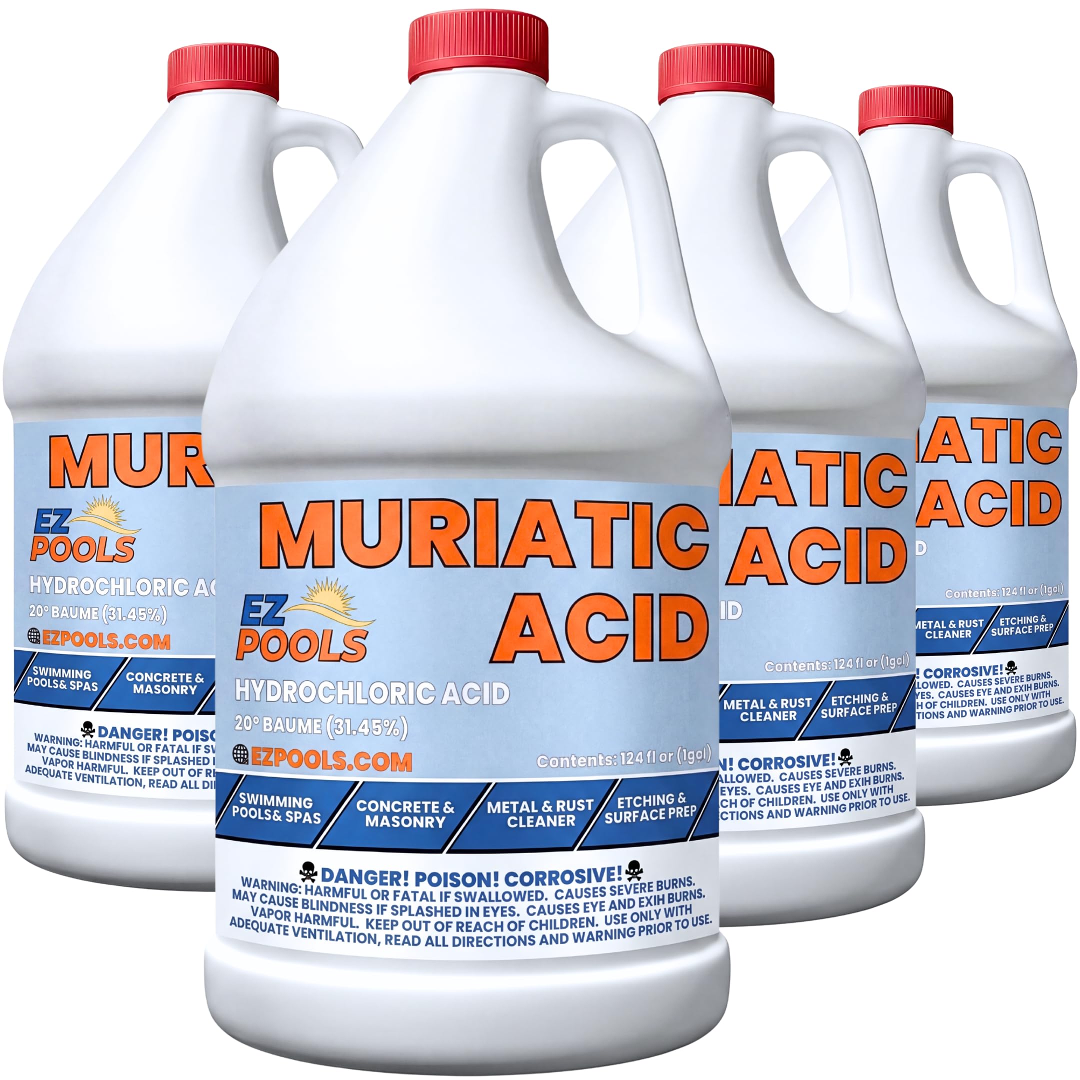 Muriatic Acid for Swimming Pools & Spas – Pack of 4 Gallons, Lowers pH, Muriatic Acid for Pools (HCL), pH Reducer for Water Balancing