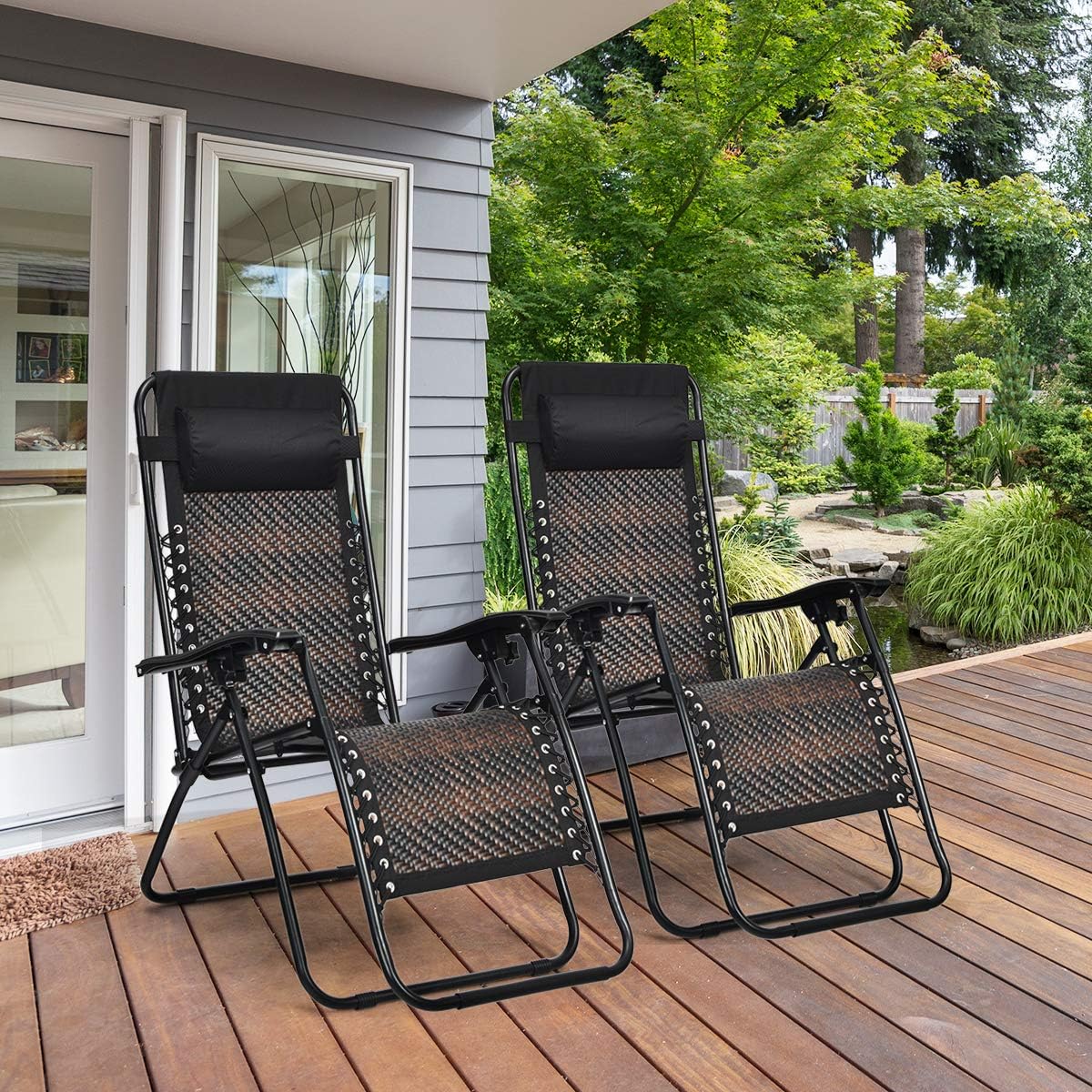 COSTWAY 2PCS Zero Gravity Lounge Chairs, Patio Rattan Recliner with Pillow, Lockable, Foldable & Lightweight, Suitable for Outdoor Use (Mix Brown)
